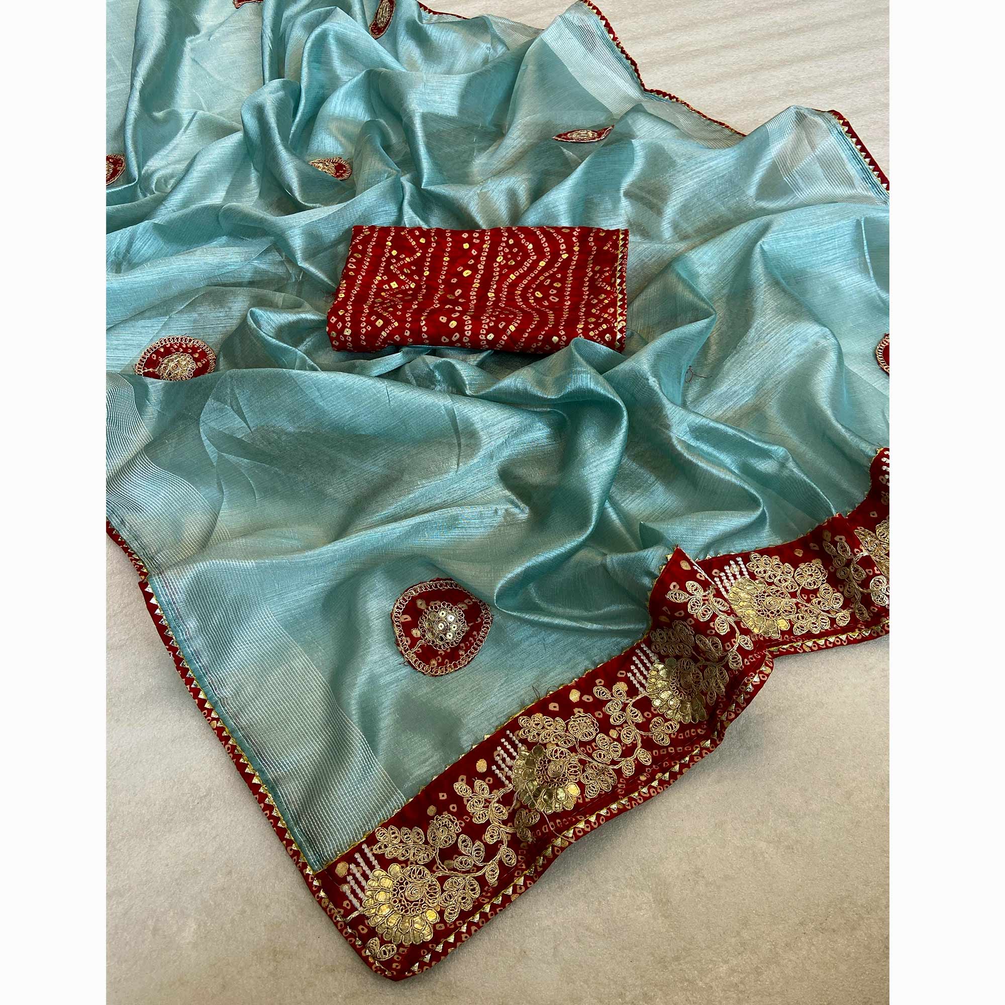 Turquoise Blue Cording Sequins Embroidery With Bandhani Print Art Silk Saree - Image 4