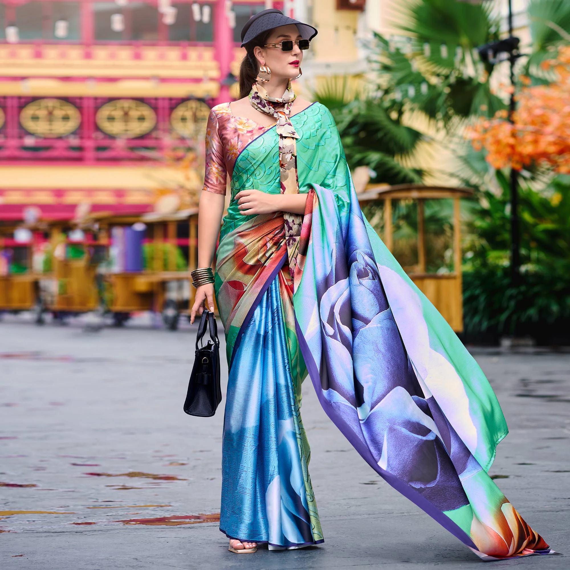 Turquoise & Blue Digital Printed Pure Satin Saree - Image 2