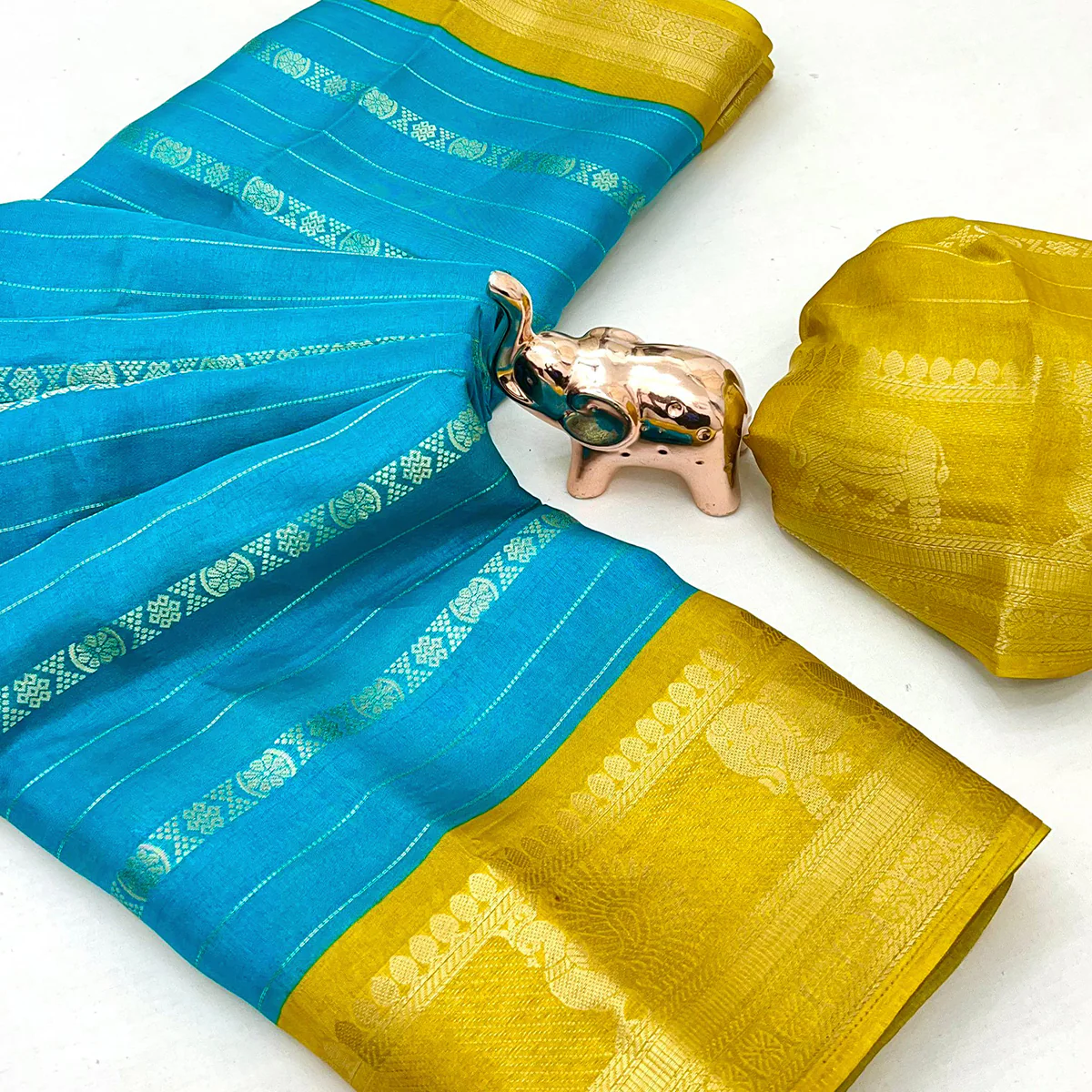 Turquoise Blue Floral Weaving Mysore Silk Saree With Peacock Print Pallu & Two-Tone Padding Border - Image 2