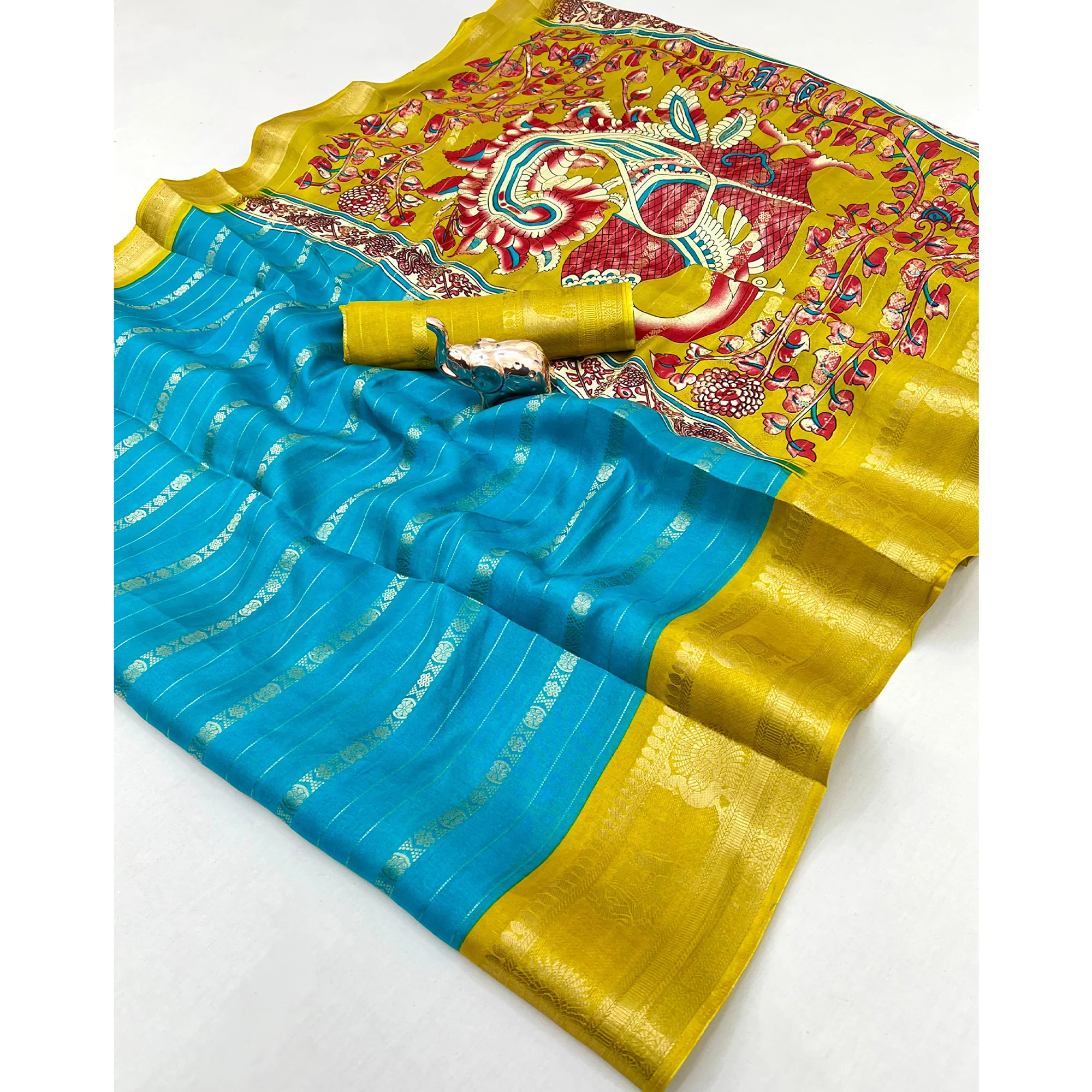 Turquoise Blue Floral Weaving Mysore Silk Saree With Peacock Print Pallu & Two-Tone Padding Border - Image 3