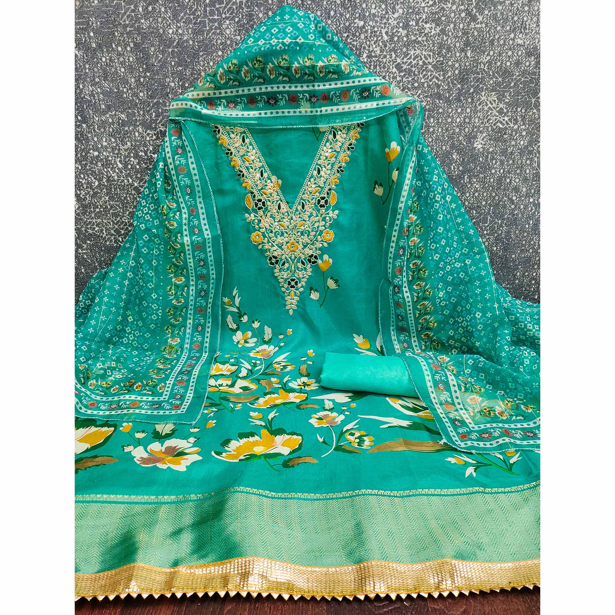 Turquoise Chanderi Silk Dress Material With Floral Digital Print & Delicate Cording Embroidery - Image 4