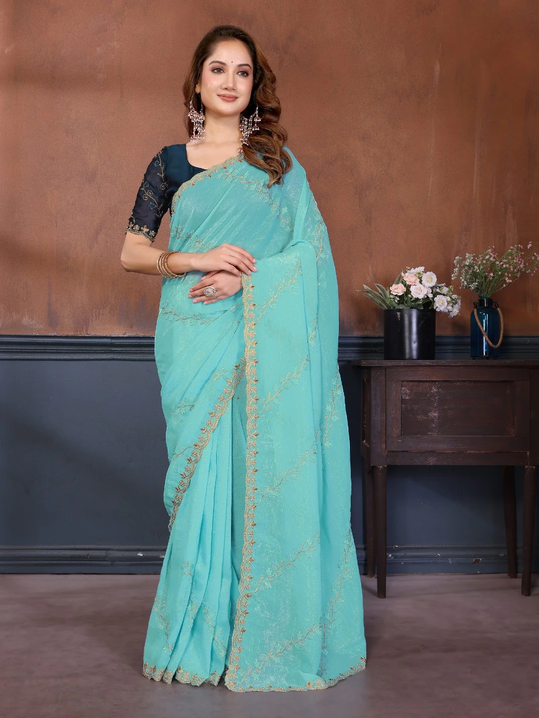 Turquoise Chiffon Party Wear Saree with Artistic Embroidery and Elegant Finish