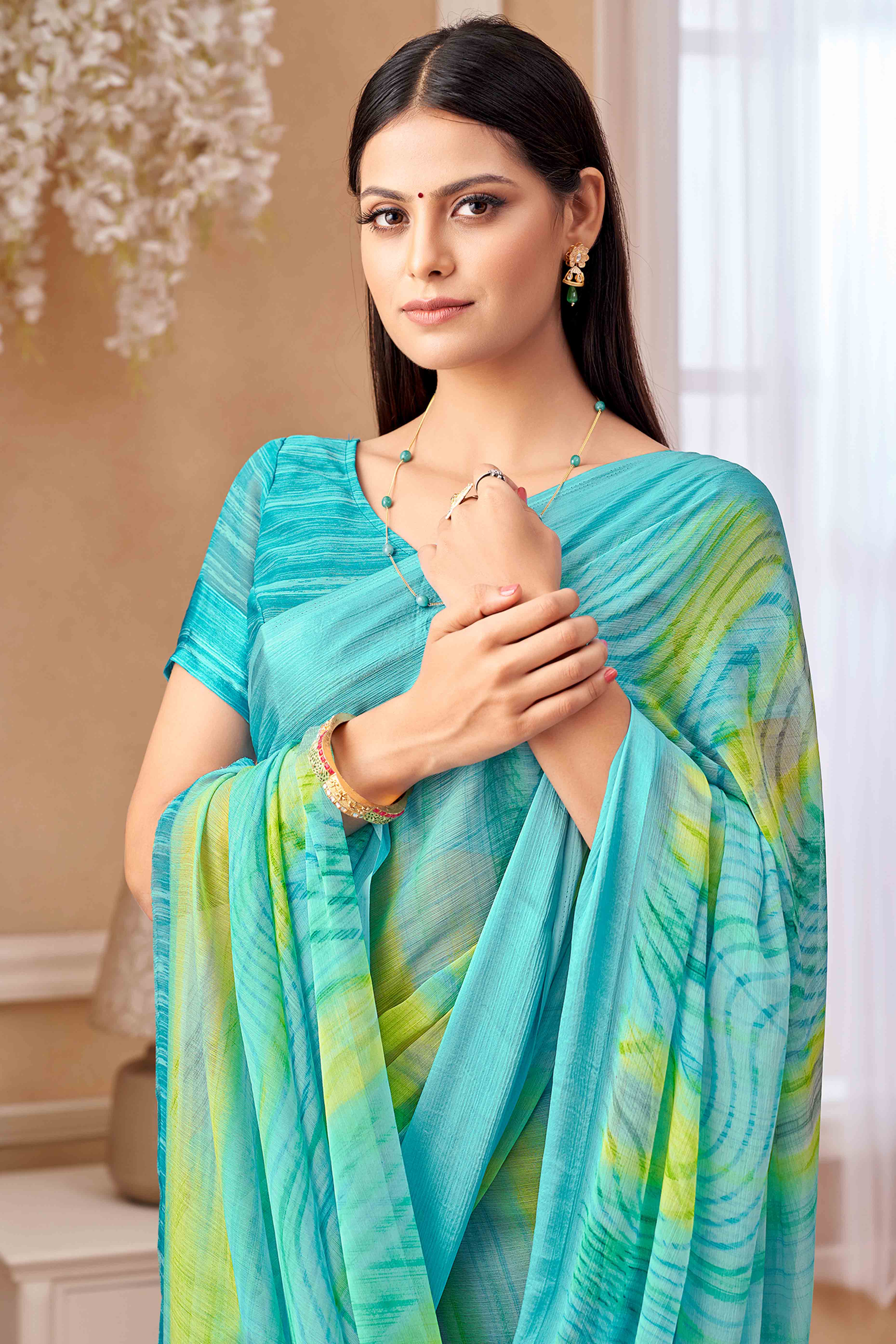Turquoise Chiffon Saree With Delicate Prints & Elegant Satin Woven Border - Image 3