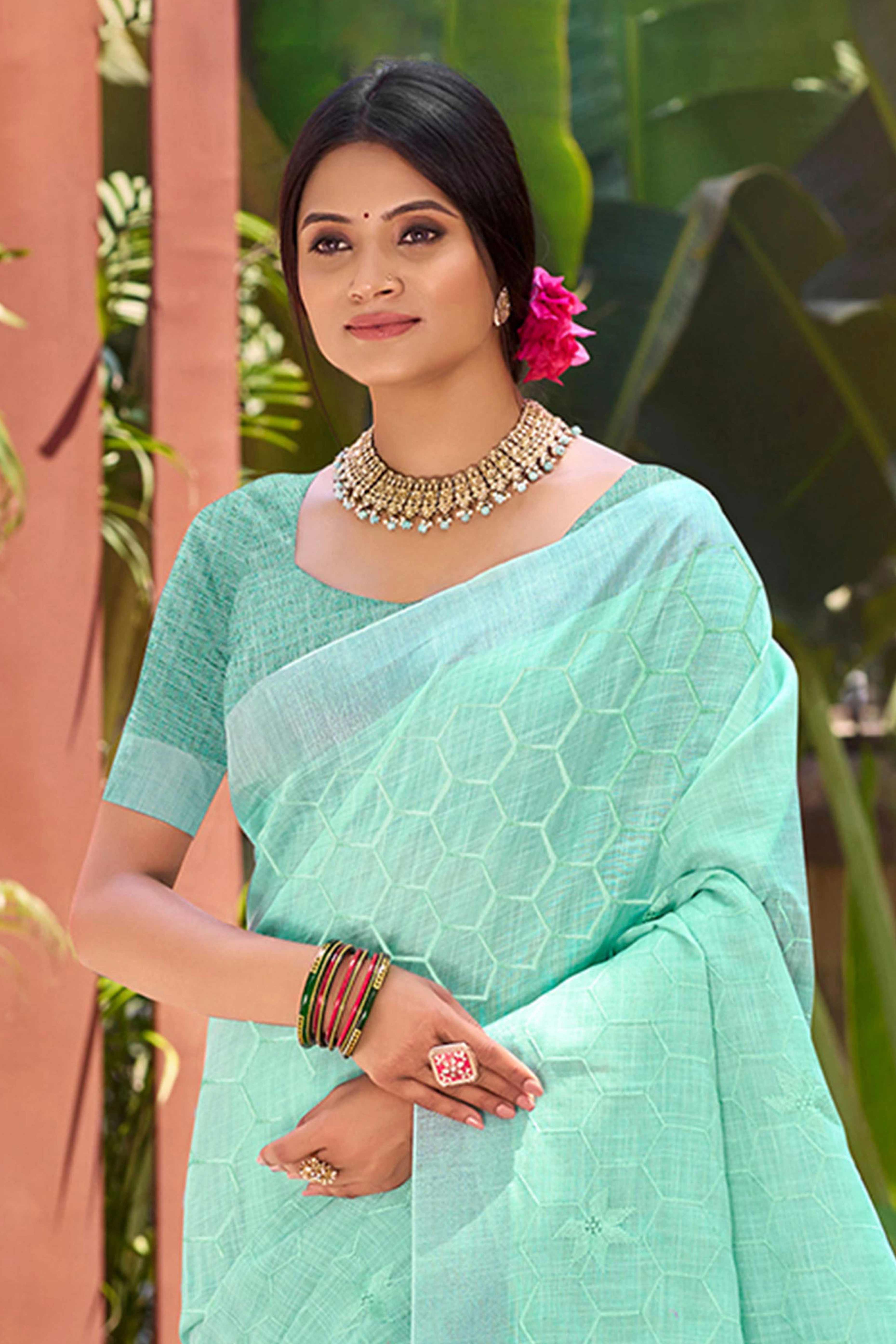 Turquoise Classic Linen Saree Enhanced With Fine Geometric Embroidery Work & Tassel Pallu - Image 4
