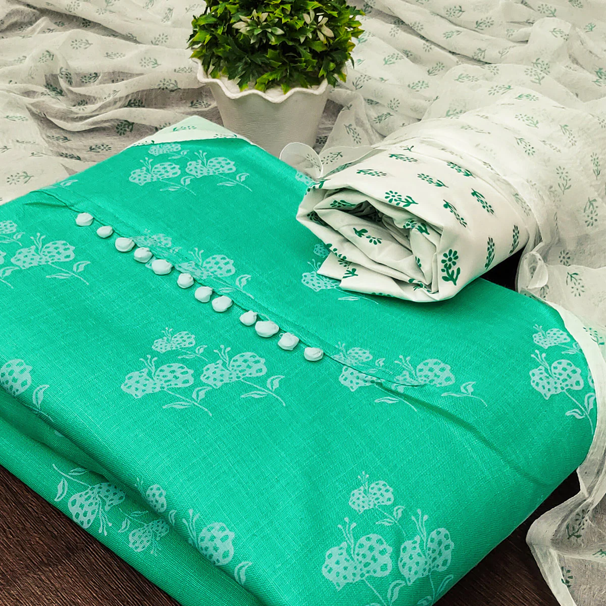 Turquoise Cotton Blend Floral Printed Dress Material - Image 2