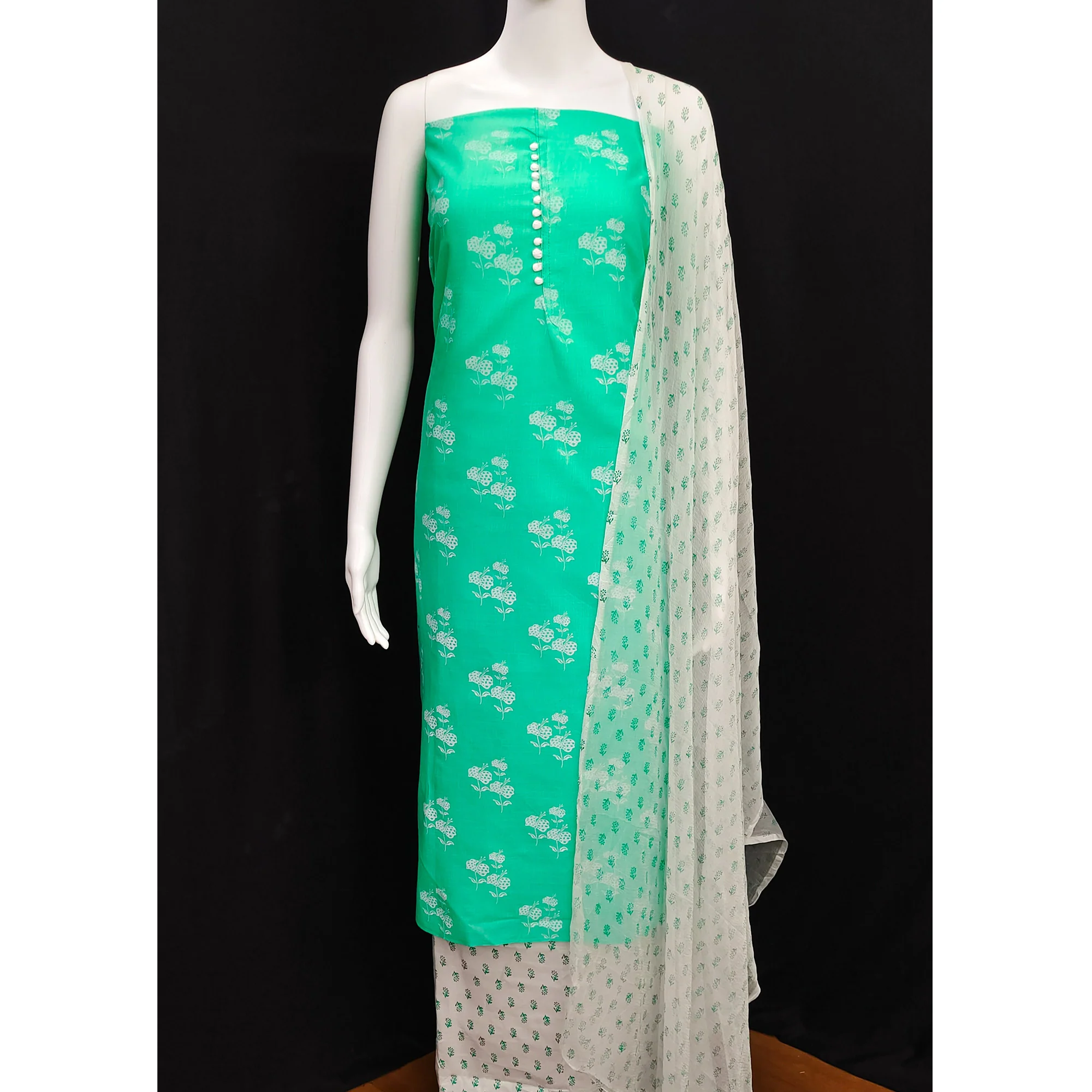 Turquoise Cotton Blend Floral Printed Dress Material - Image 5