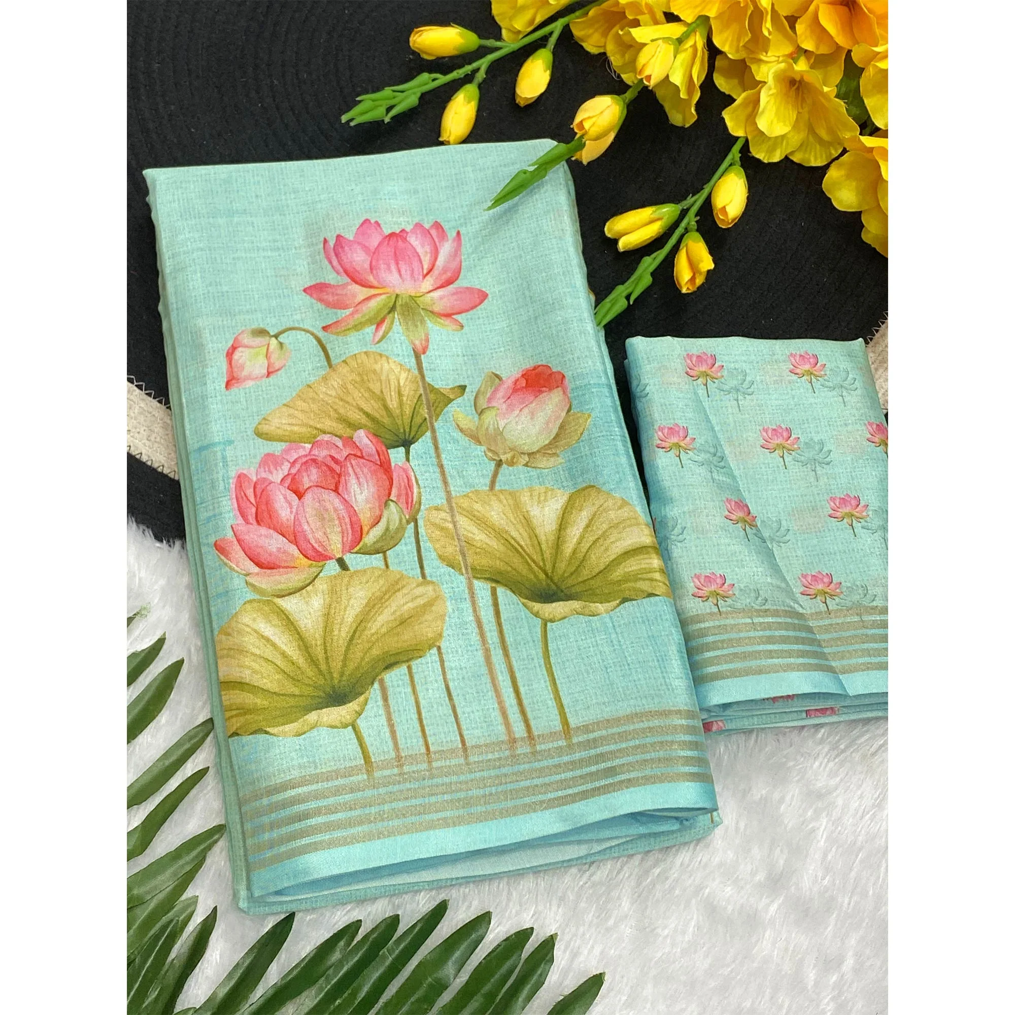 Turquoise Cotton Blend Tusser Saree Adorned With Radha Krishna & Floral Print With Zari Border - Image 4