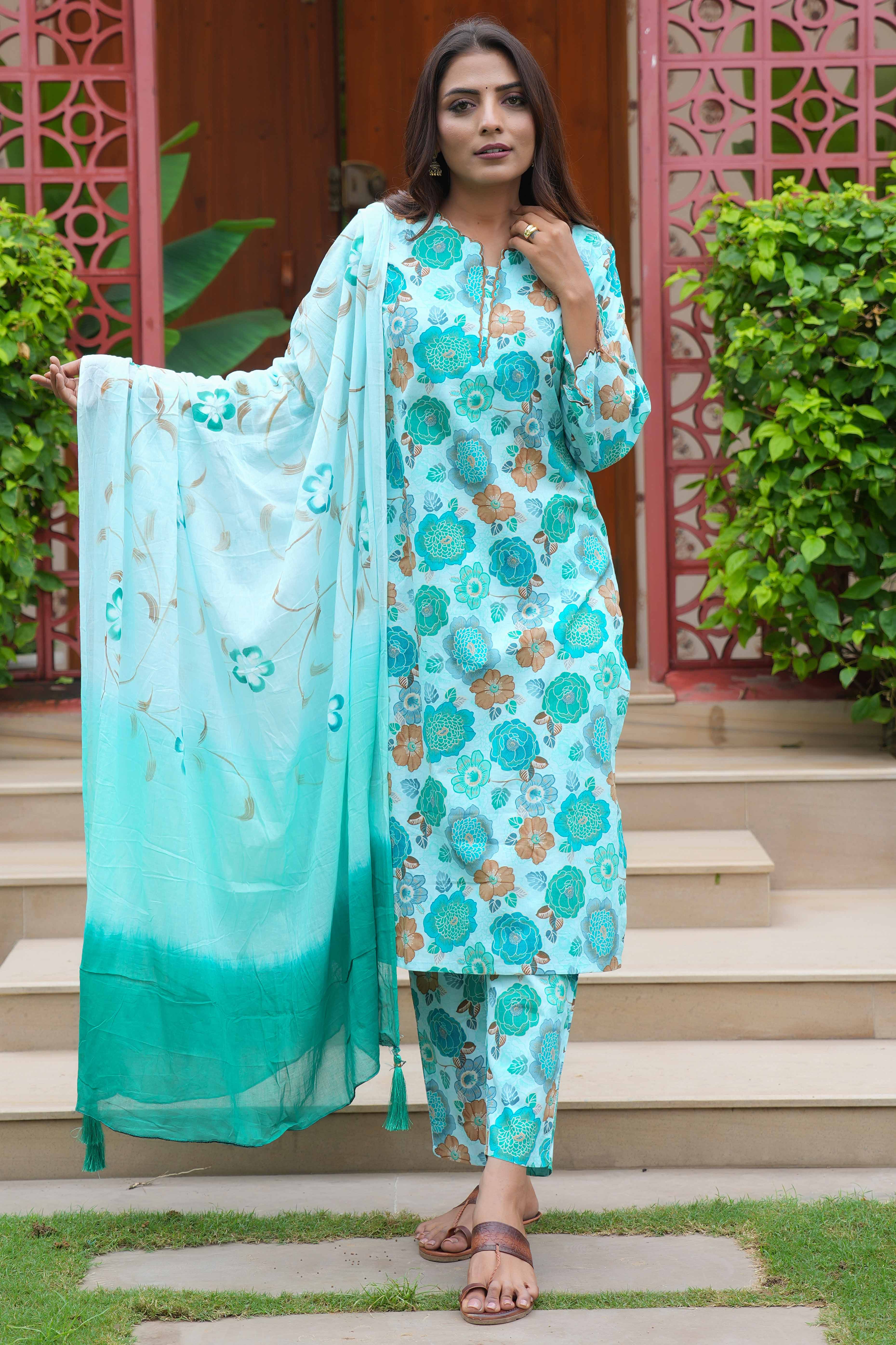Turquoise Cotton Salwar Suit With Floral Print & Straight Fit - Image 3
