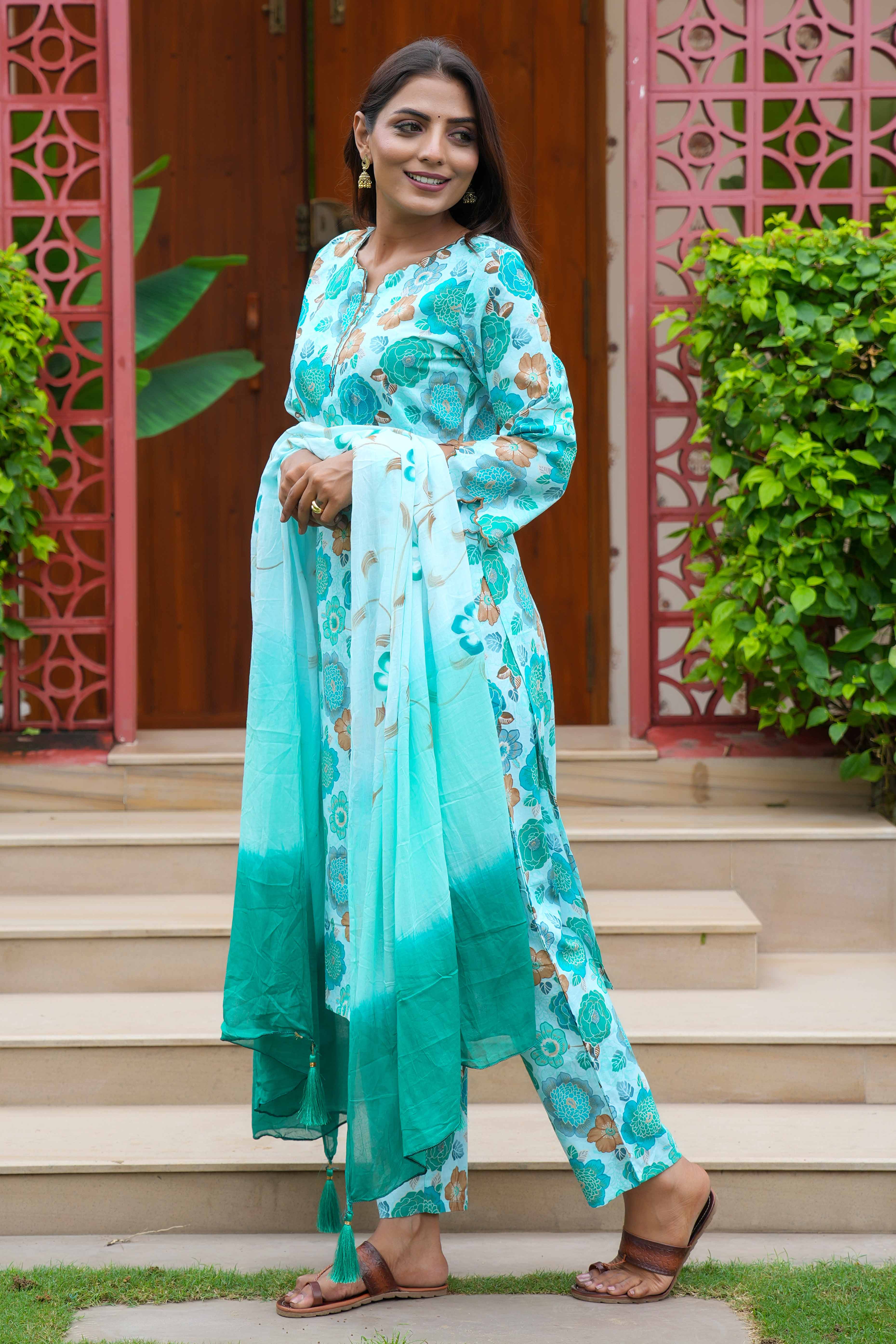 Turquoise Cotton Salwar Suit With Floral Print & Straight Fit - Image 4