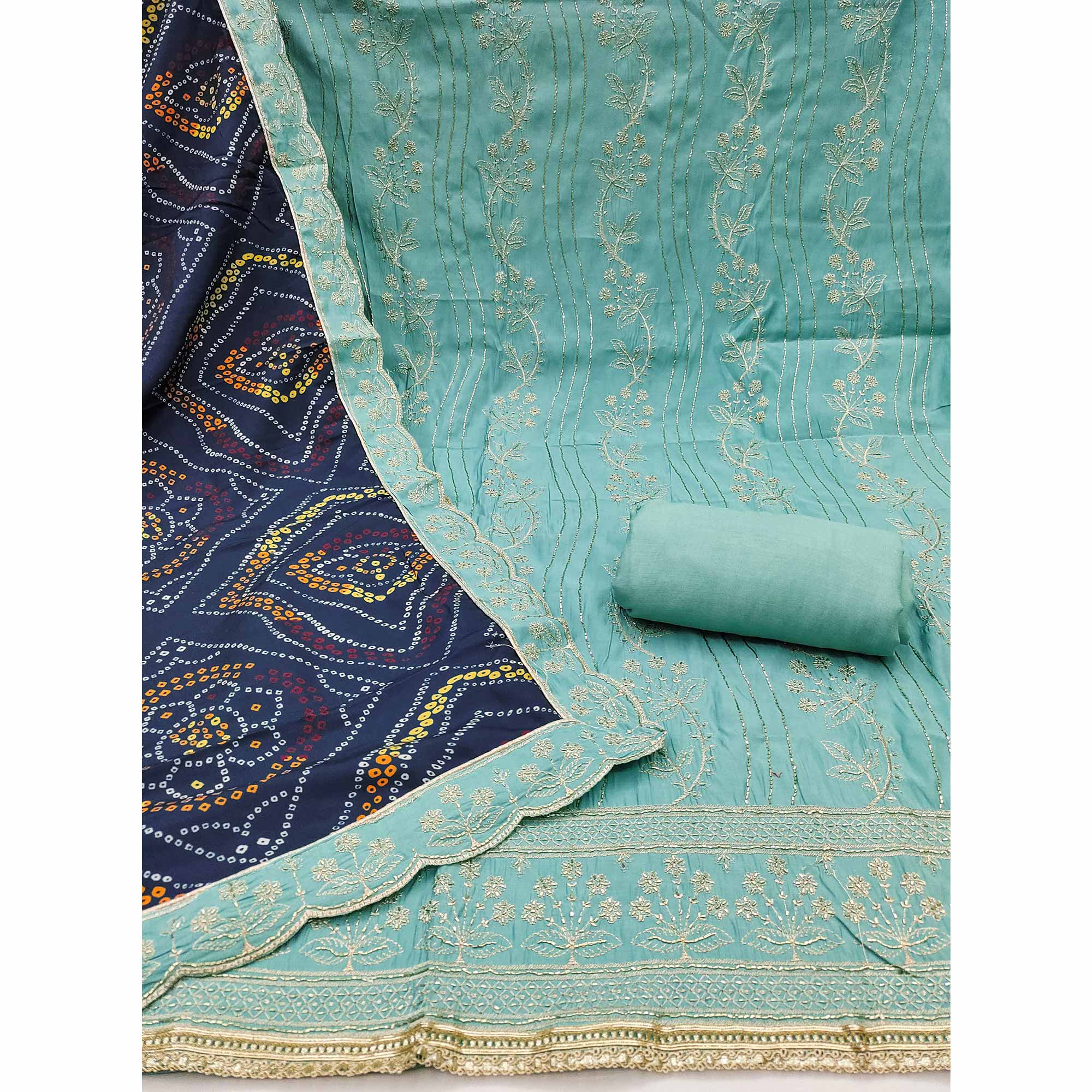 Turquoise Cotton Silk Dress Material Embellished With Elegant Floral Hand Embroidery Work - Image 4