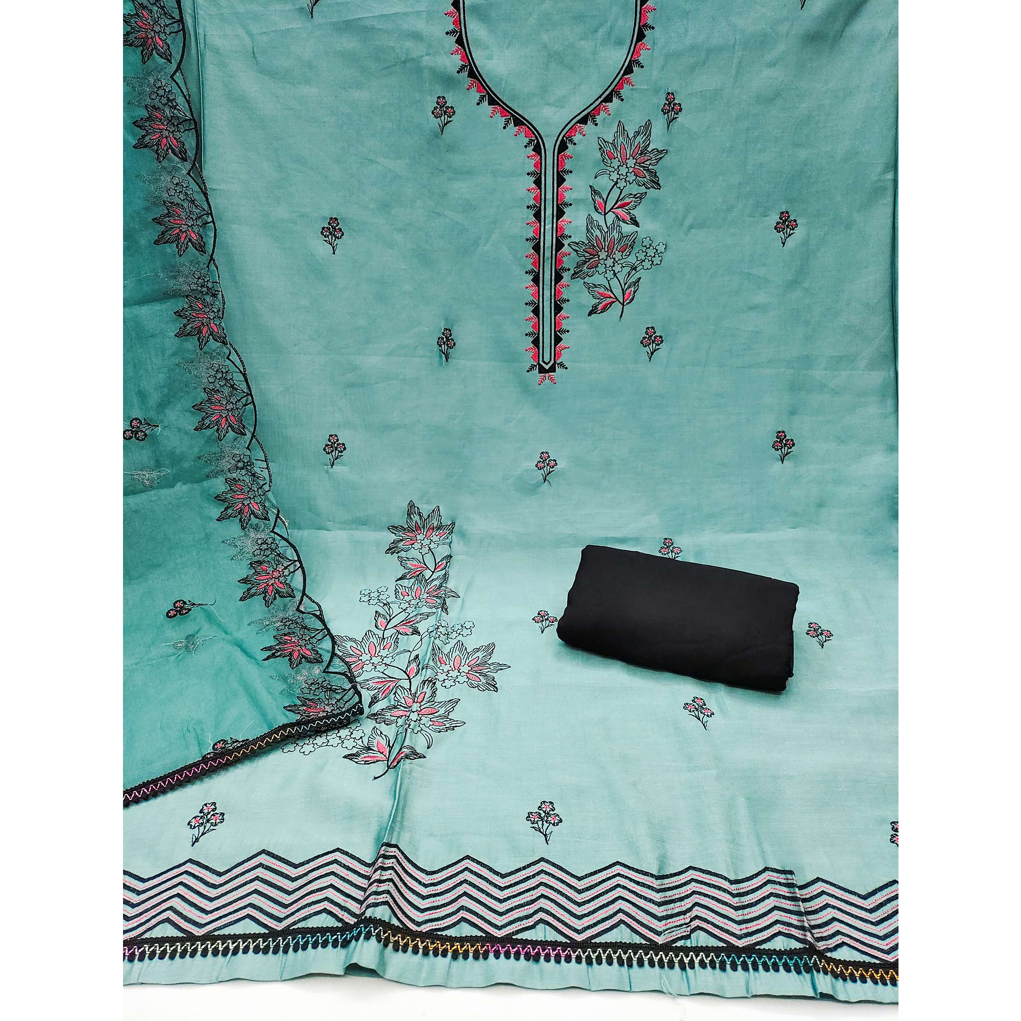 Turquoise Cotton Silk Dress Material With Intricate Floral Thread Embroidery - Image 4