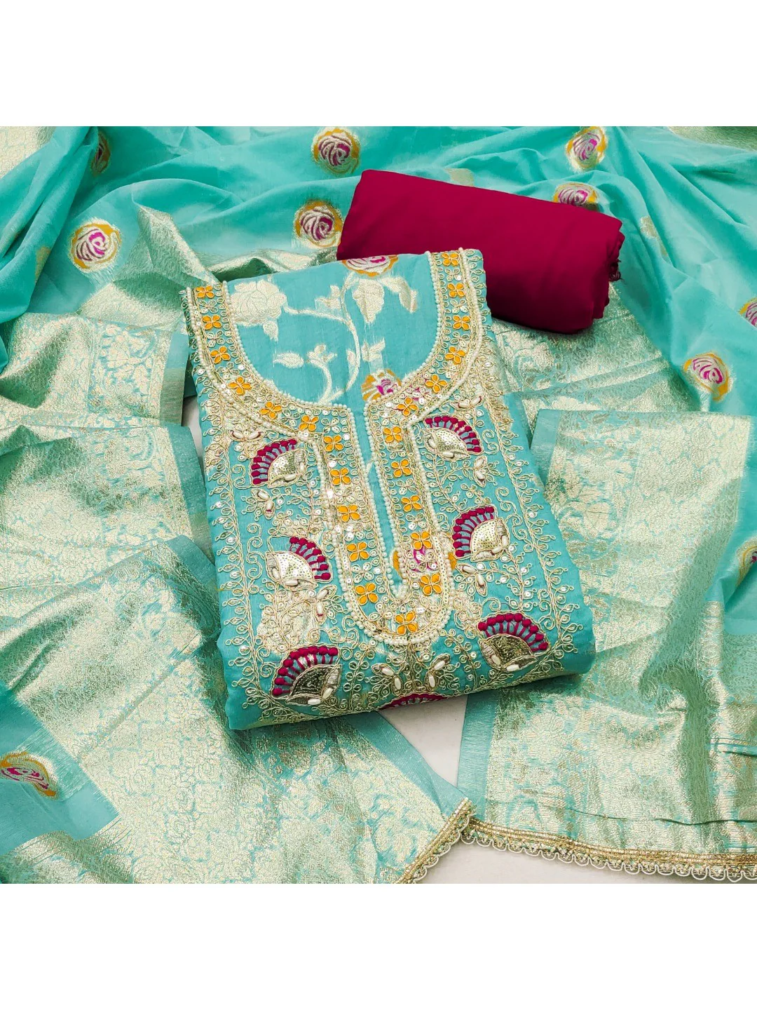 Turquoise Cotton Silk Fabric with Elegant Zari Floral Pattern Weaving - Image 3