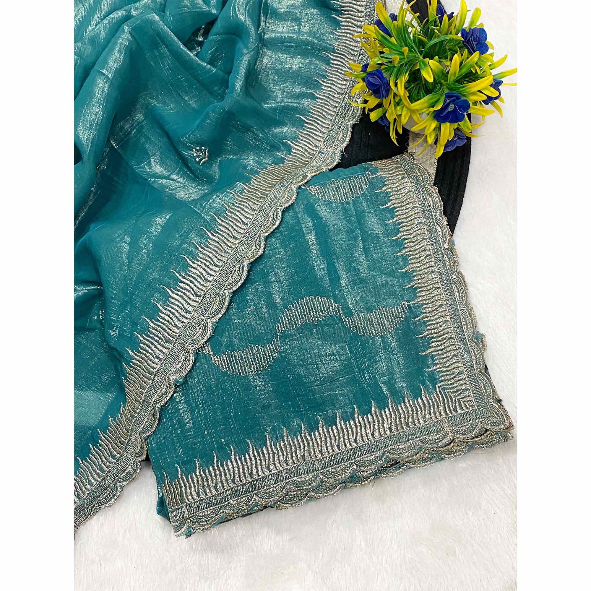 Turquoise Crunchy Chiffon Silk Saree Delicate Thread Motifs Ethnic Elegance - Image 3
