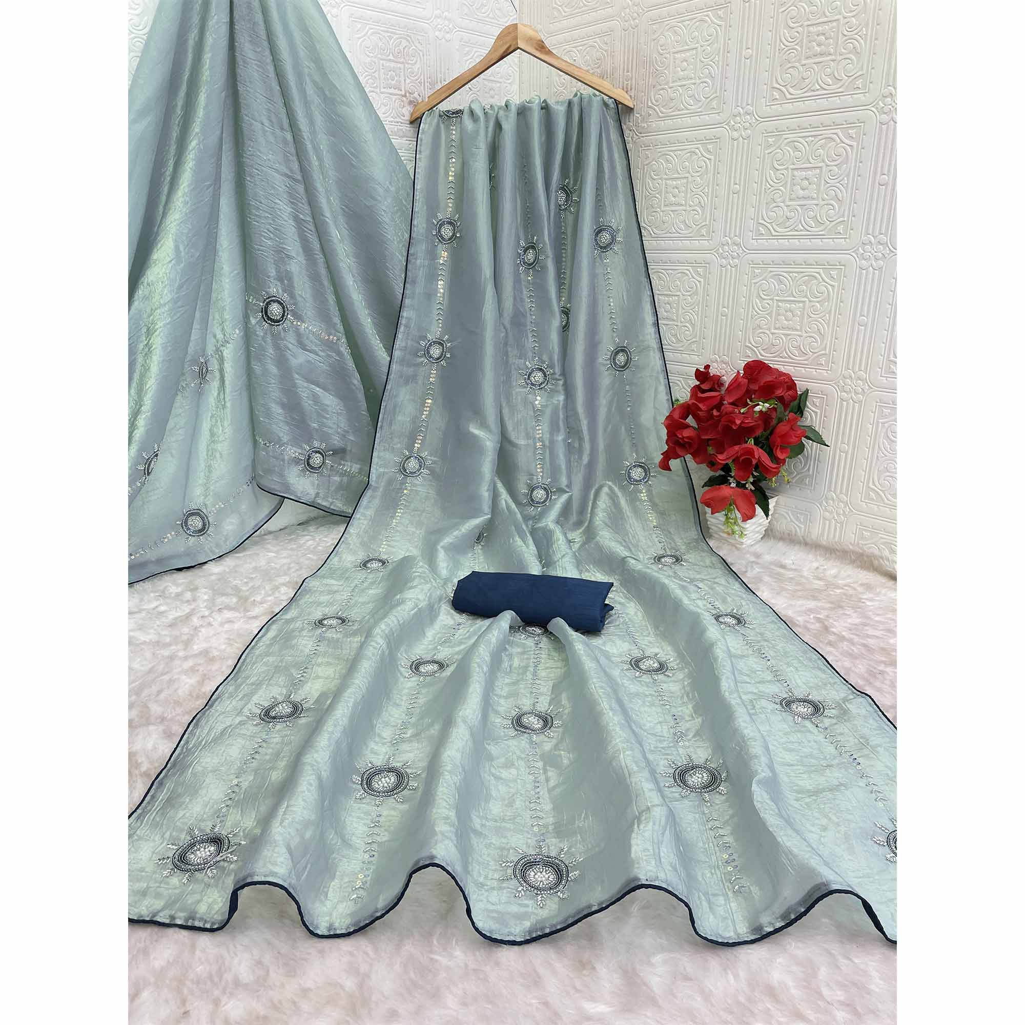 Turquoise Designer Silk Blend Saree Embellished with Stones & Beads - Image 6