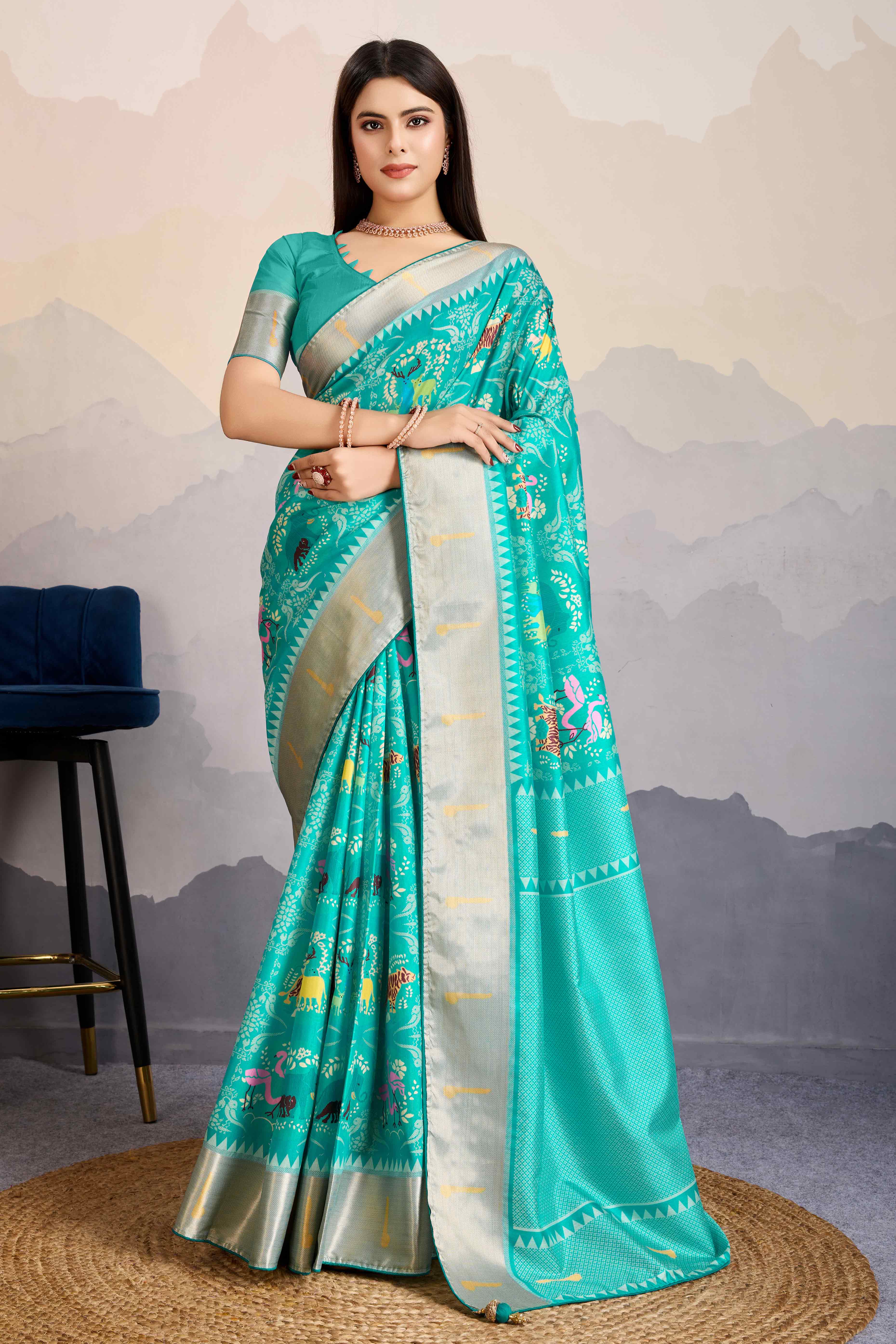 Turquoise Digital Printed Dola Silk Saree With Exquisite Weaving Zari Border & Opulent Pallu - Image 3