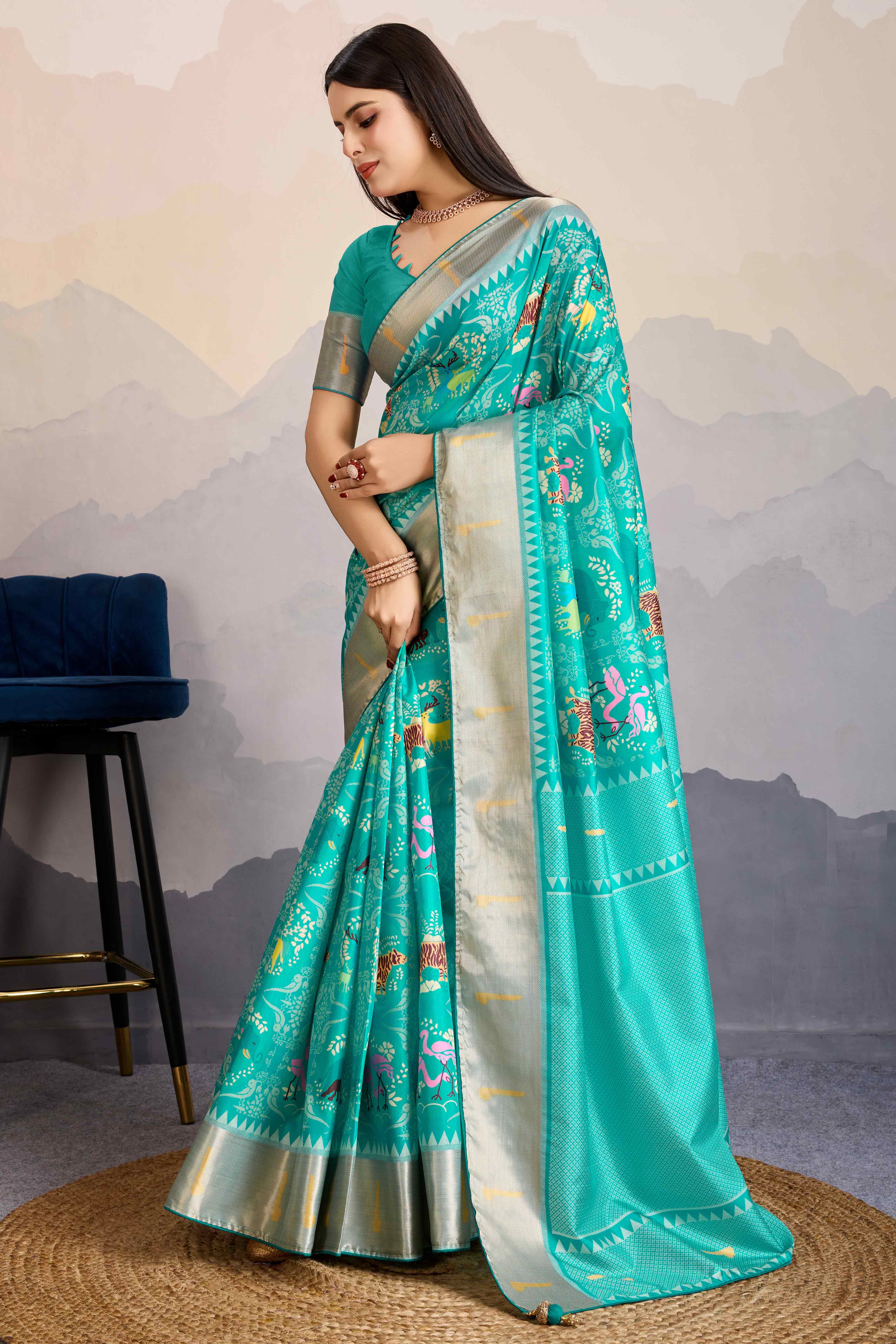 Turquoise Digital Printed Dola Silk Saree With Exquisite Weaving Zari Border & Opulent Pallu - Image 4