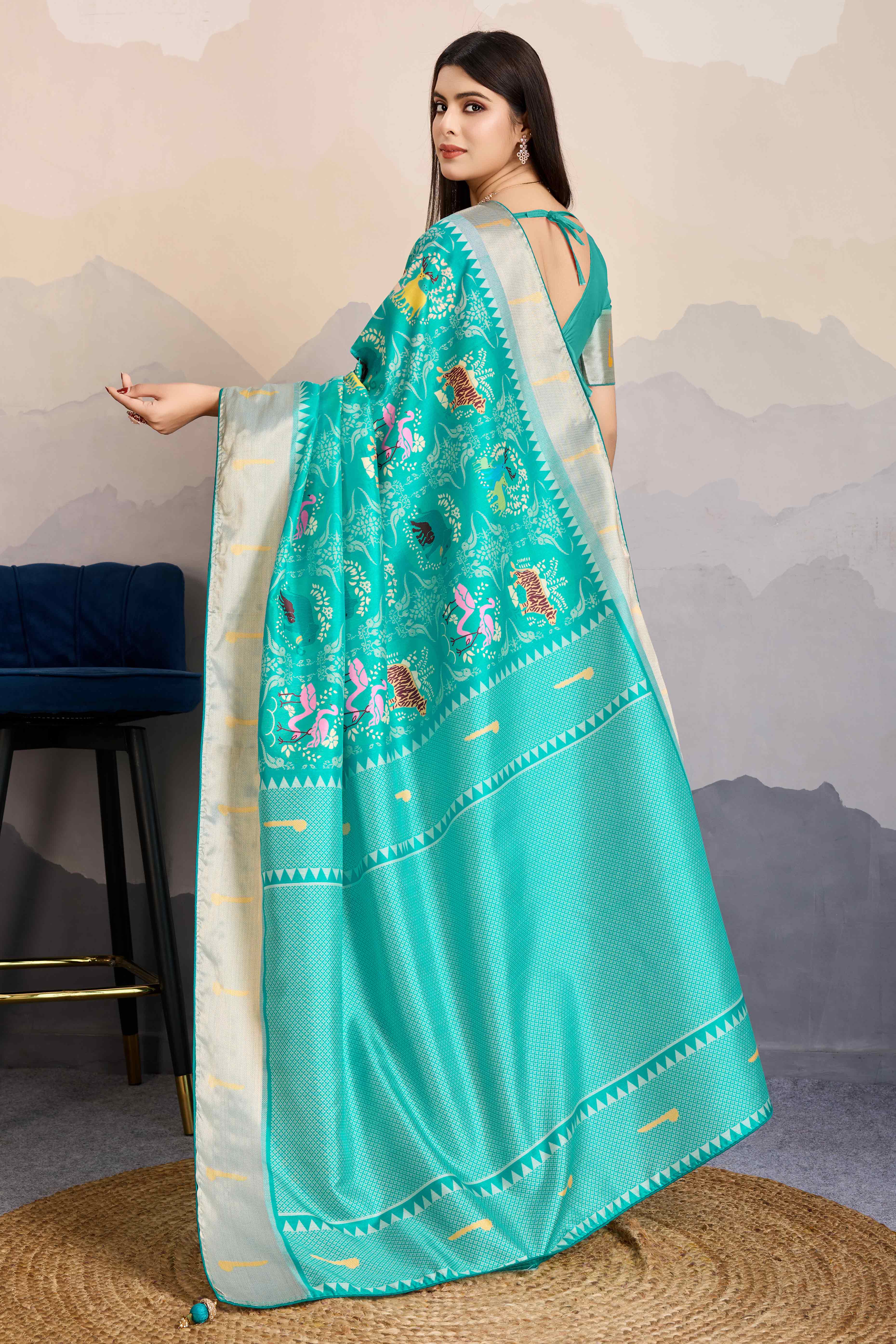 Turquoise Digital Printed Dola Silk Saree With Exquisite Weaving Zari Border & Opulent Pallu - Image 5