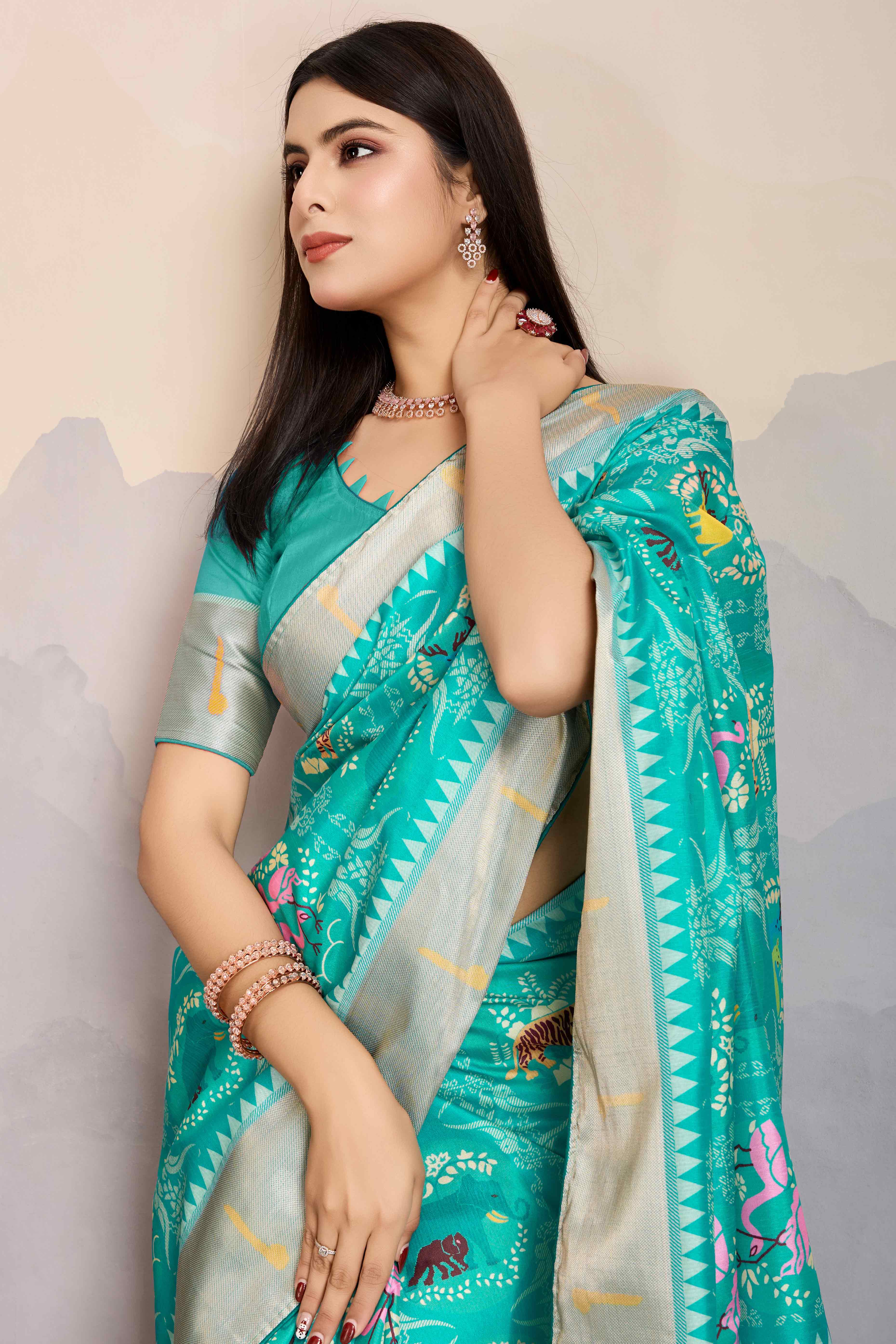 Turquoise Digital Printed Dola Silk Saree With Exquisite Weaving Zari Border & Opulent Pallu - Image 6