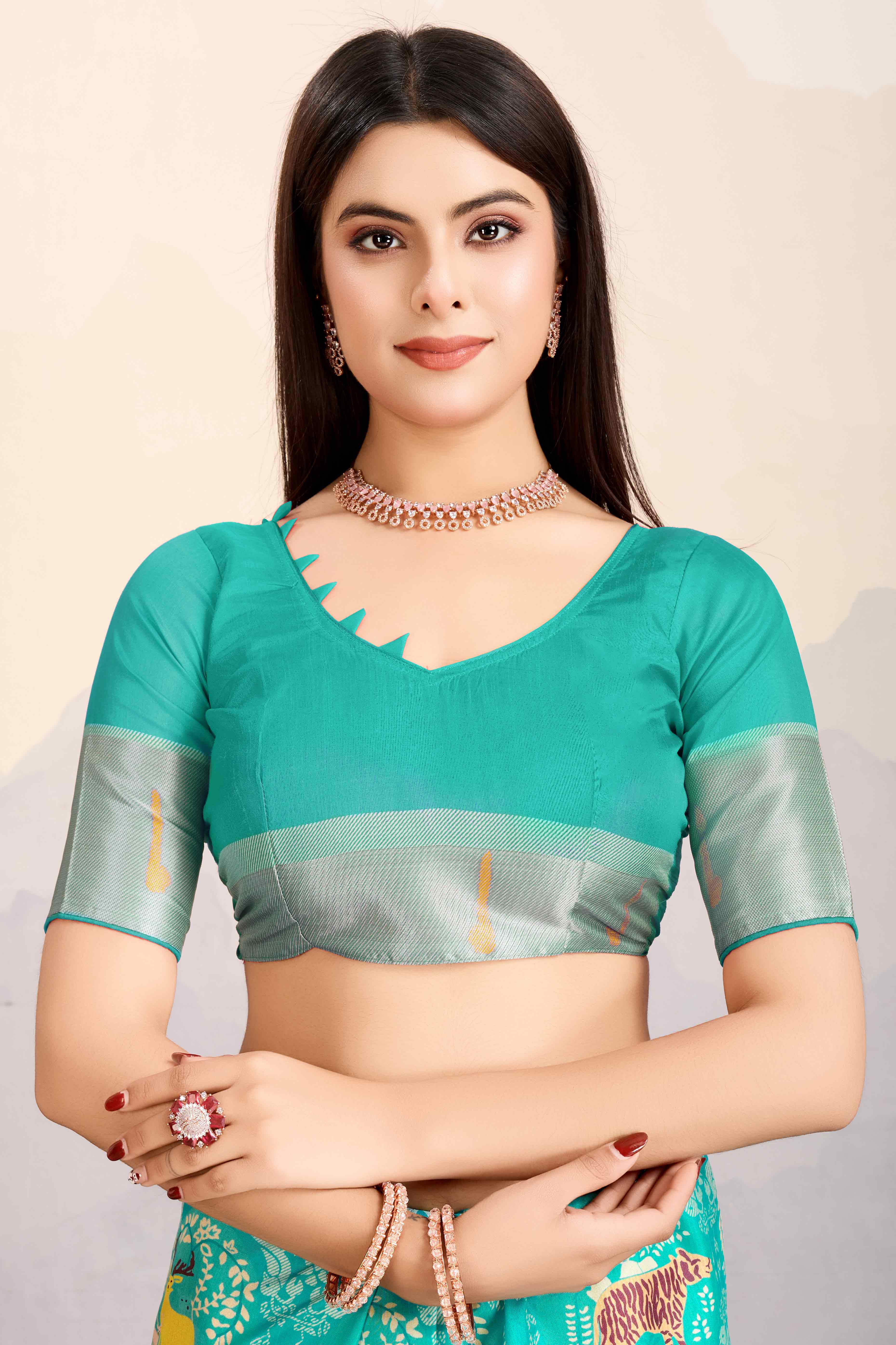 Turquoise Digital Printed Dola Silk Saree With Exquisite Weaving Zari Border & Opulent Pallu - Image 7