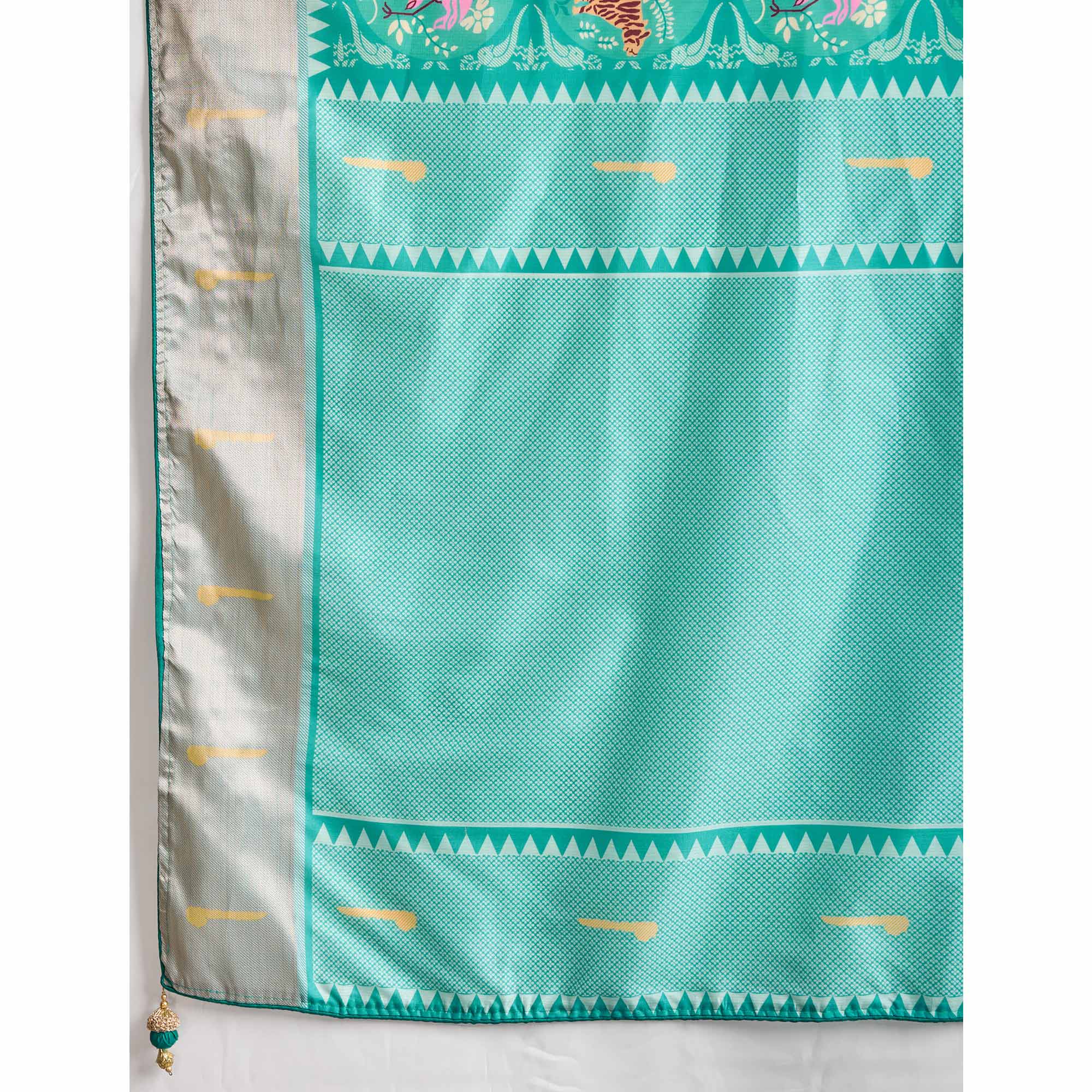 Turquoise Digital Printed Dola Silk Saree With Exquisite Weaving Zari Border & Opulent Pallu - Image 8