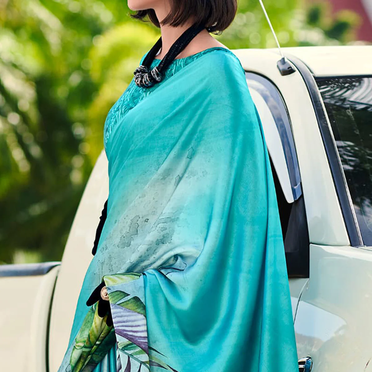 Turquoise Digital Printed Pure Satin Saree - Image 2