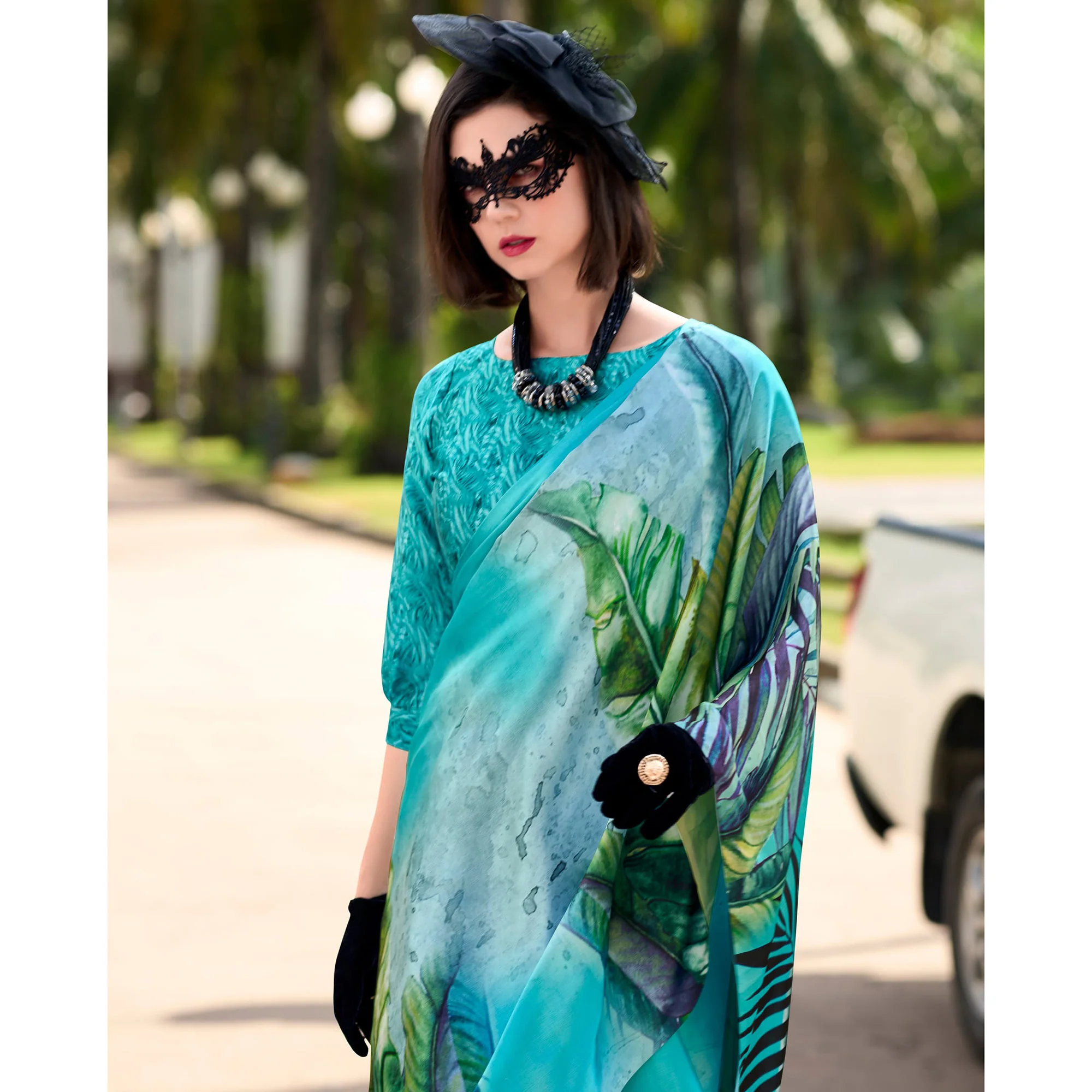 Turquoise Digital Printed Pure Satin Saree - Image 3