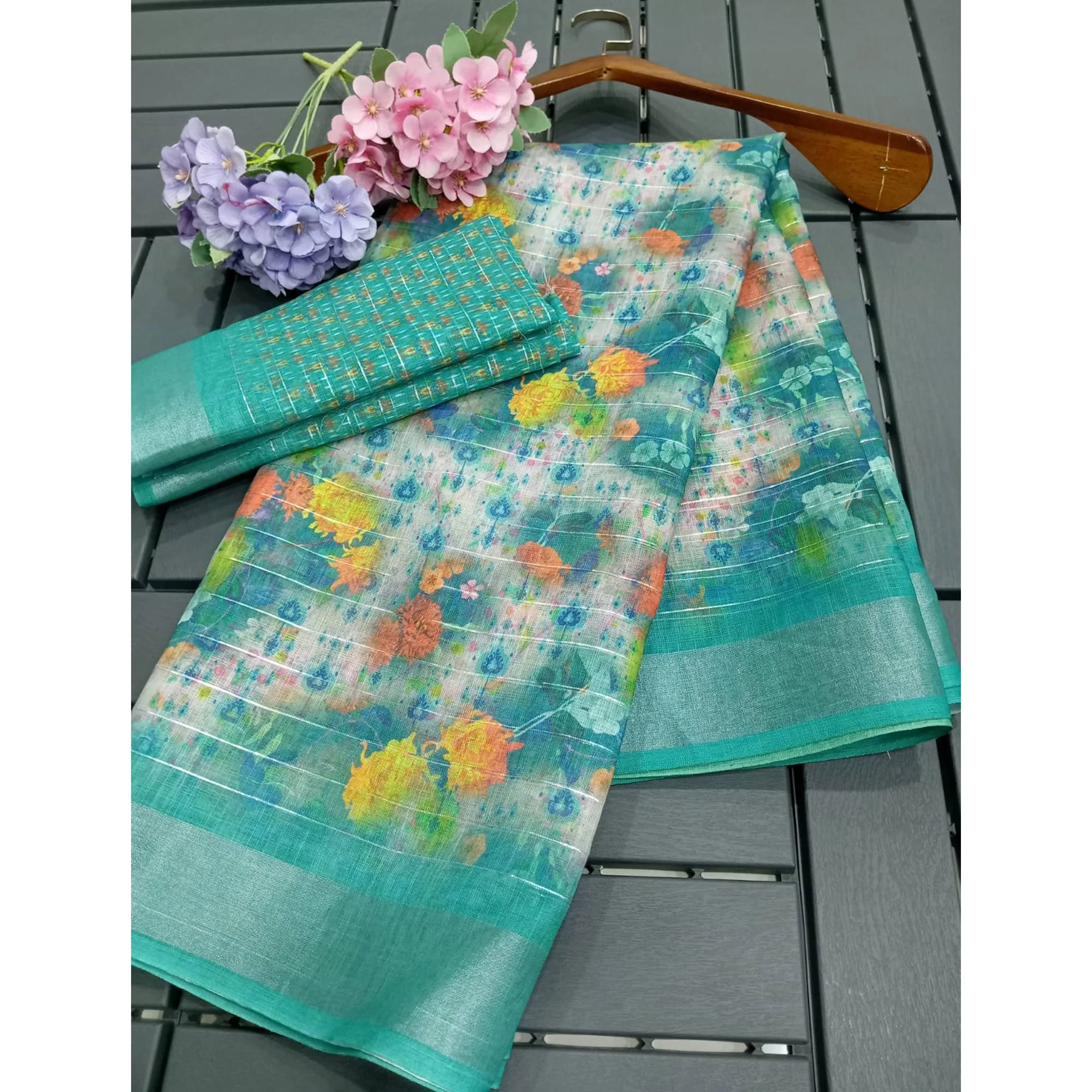 Turquoise Digital Printed With Zari Work Linen Cotton Saree - Image 3