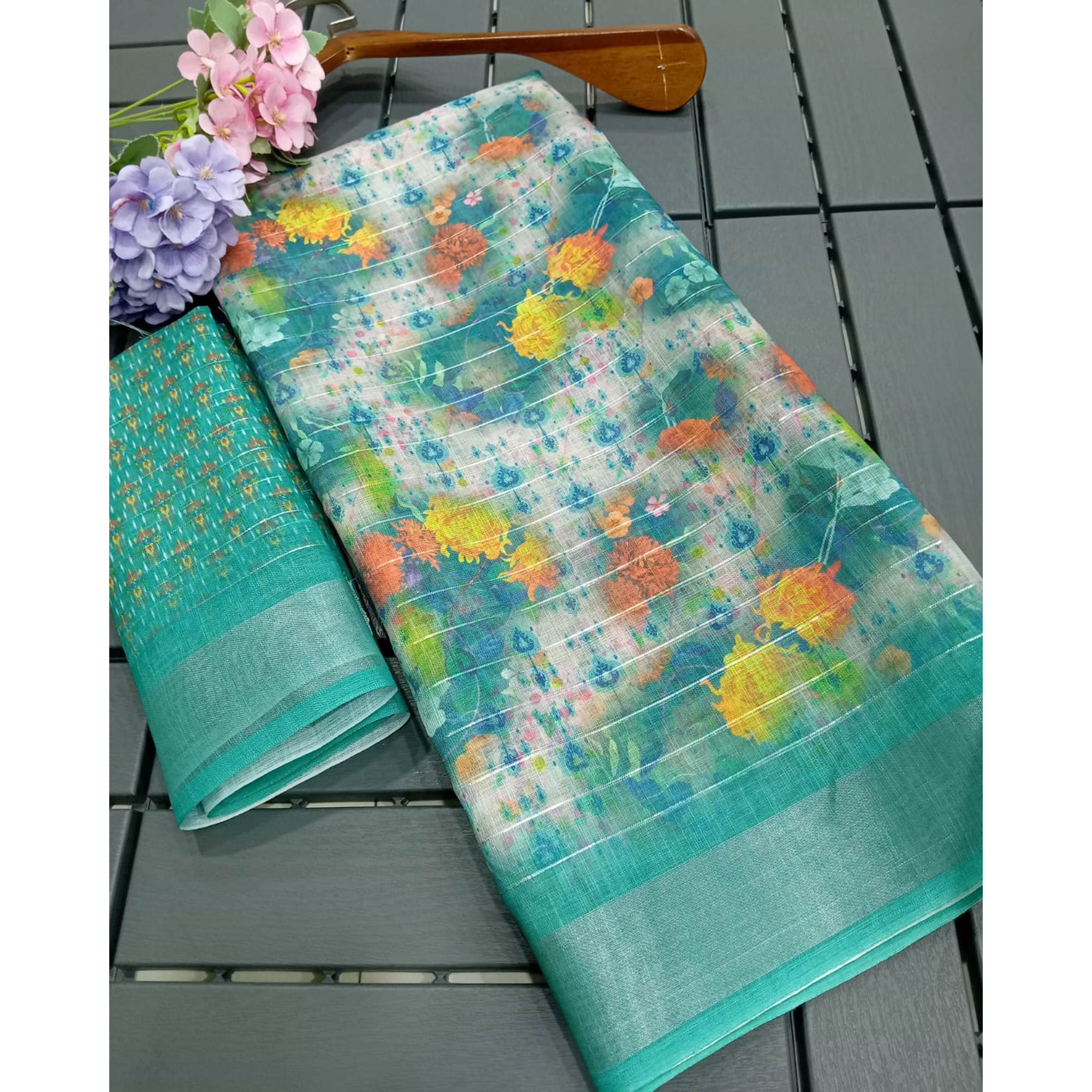 Turquoise Digital Printed With Zari Work Linen Cotton Saree - Image 4