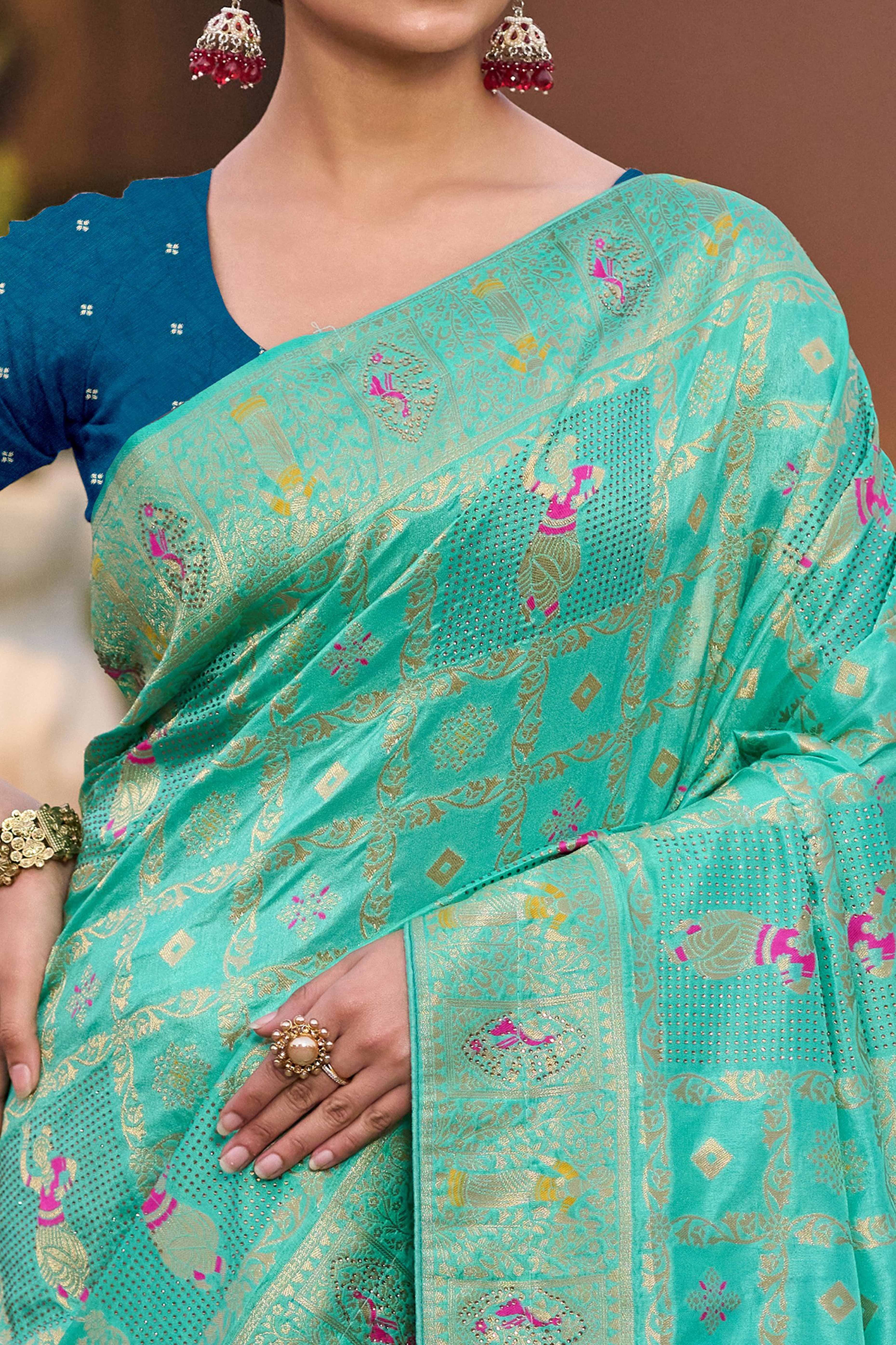 Turquoise Dola Silk Saree Featuring Intricate Gharchola Woven Design - Image 2