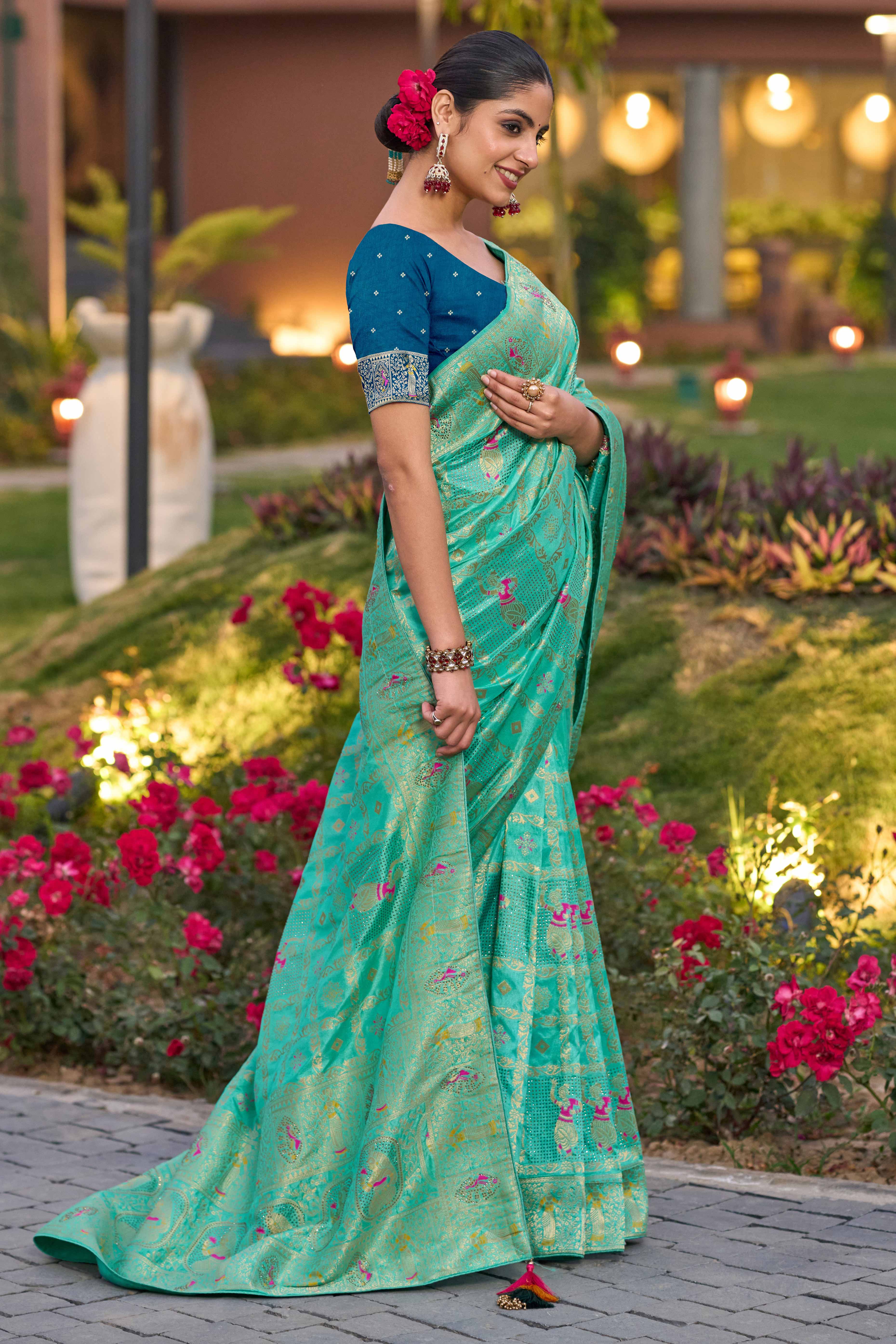 Turquoise Dola Silk Saree Featuring Intricate Gharchola Woven Design - Image 3