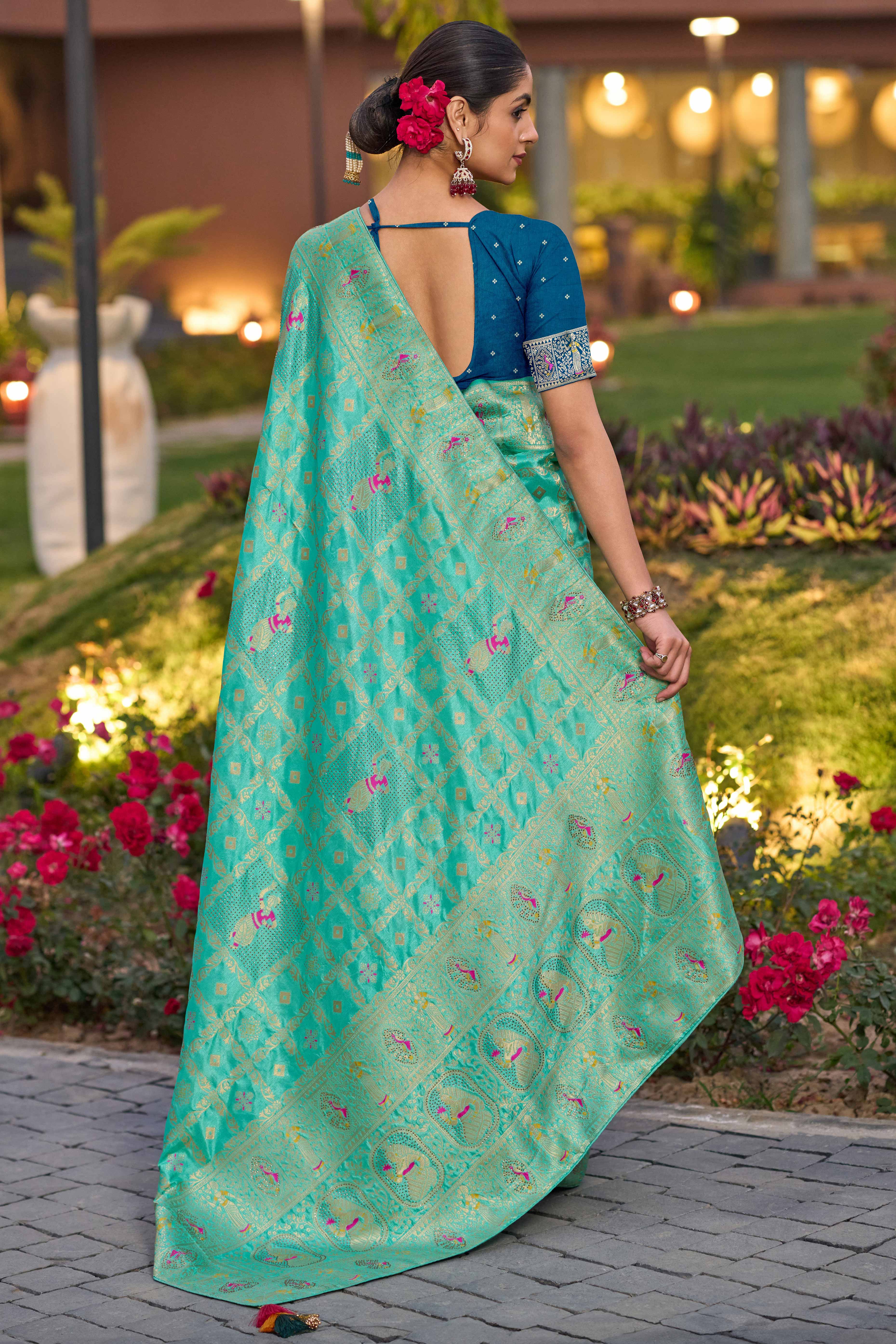 Turquoise Dola Silk Saree Featuring Intricate Gharchola Woven Design - Image 4