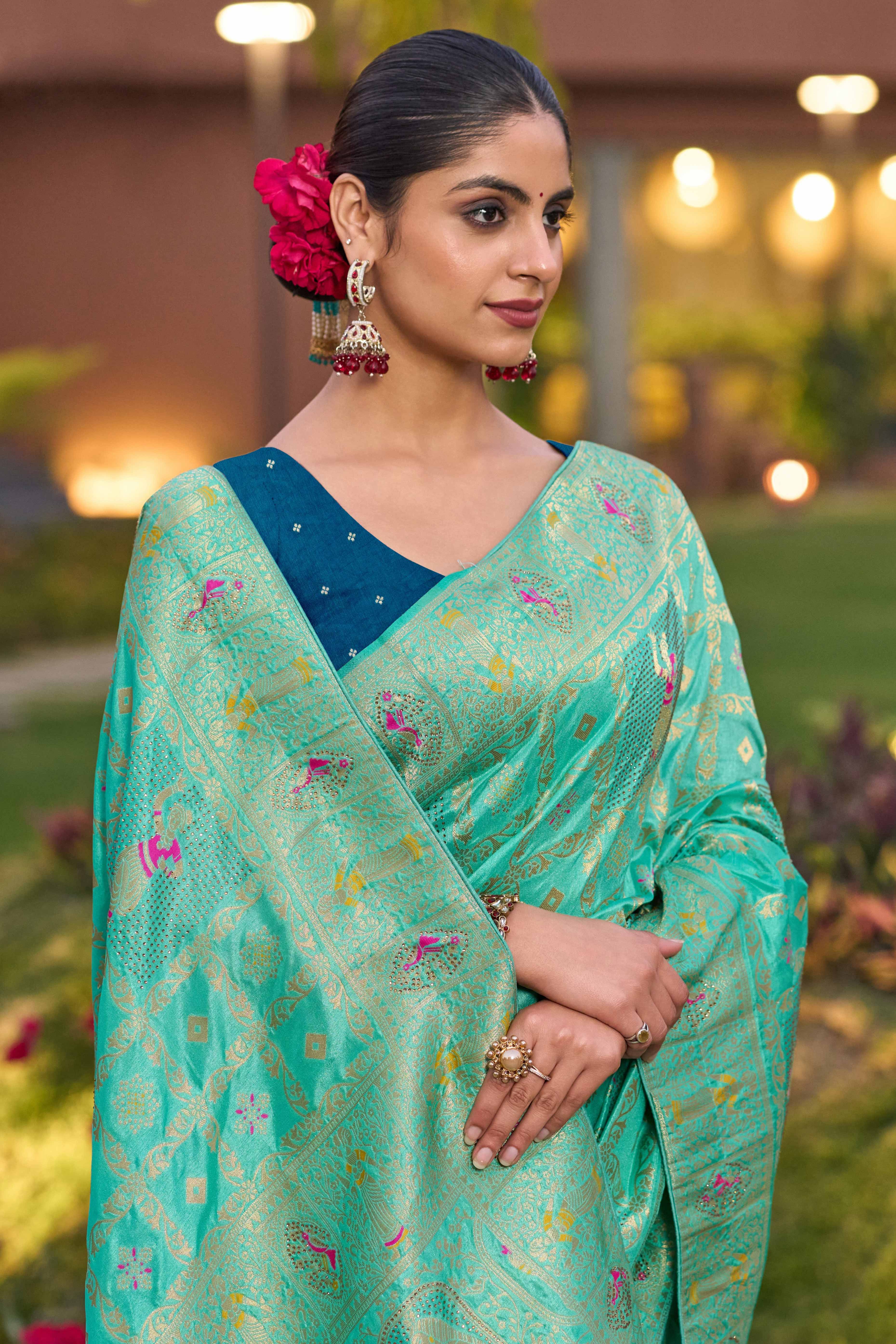 Turquoise Dola Silk Saree Featuring Intricate Gharchola Woven Design - Image 5