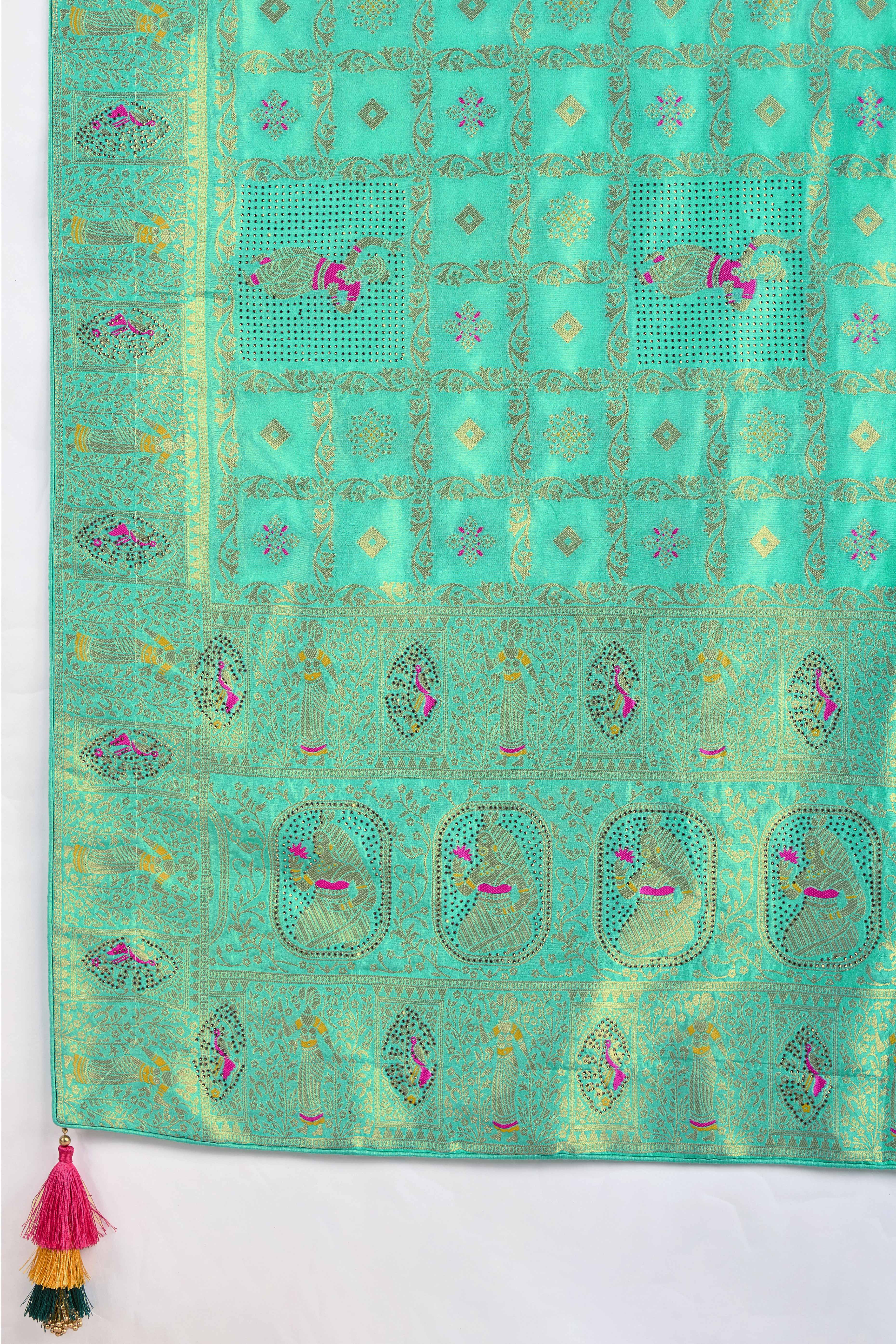 Turquoise Dola Silk Saree Featuring Intricate Gharchola Woven Design - Image 6