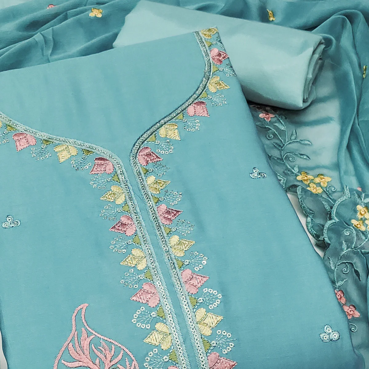 Turquoise Dress Material In Cotton Silk With Floral Embroidery & Sequin Accents - Image 2