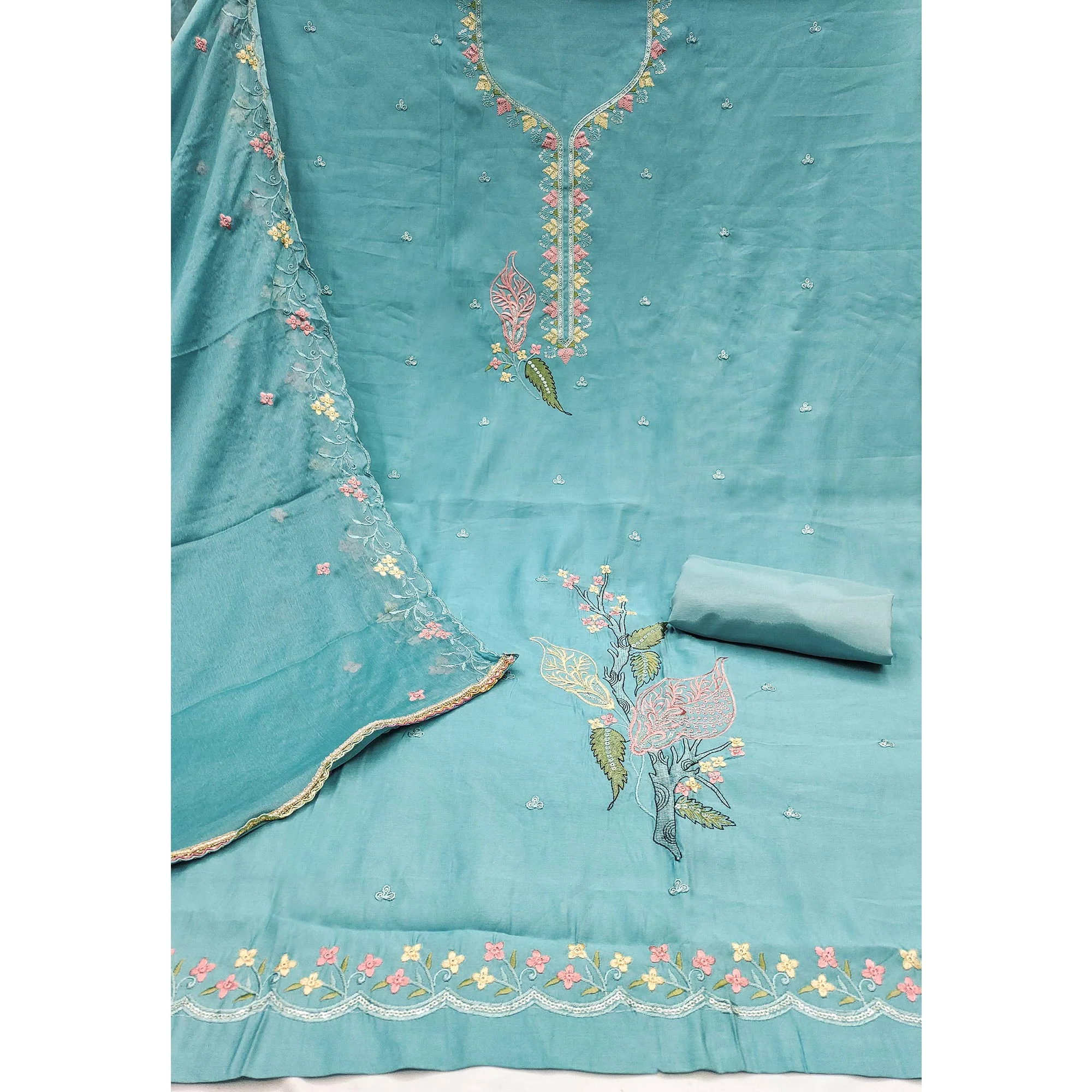 Turquoise Dress Material In Cotton Silk With Floral Embroidery & Sequin Accents - Image 4