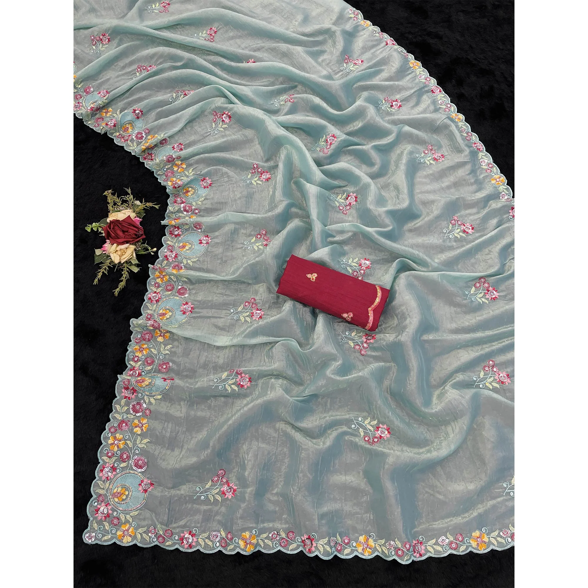 Turquoise Elegance Cotton Silk Saree with Floral Sequins Embroidery - Image 3