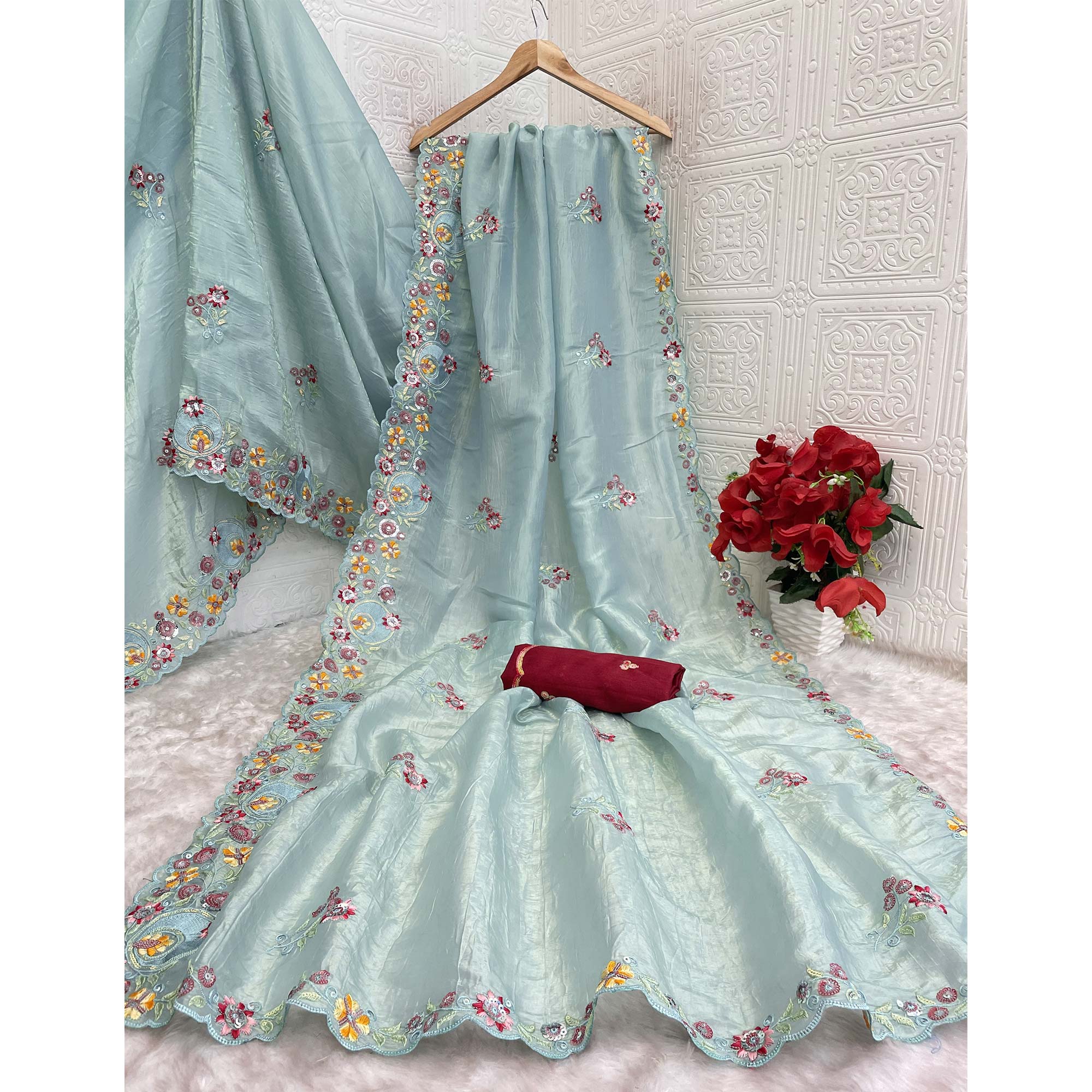Turquoise Elegance Cotton Silk Saree with Floral Sequins Embroidery - Image 4