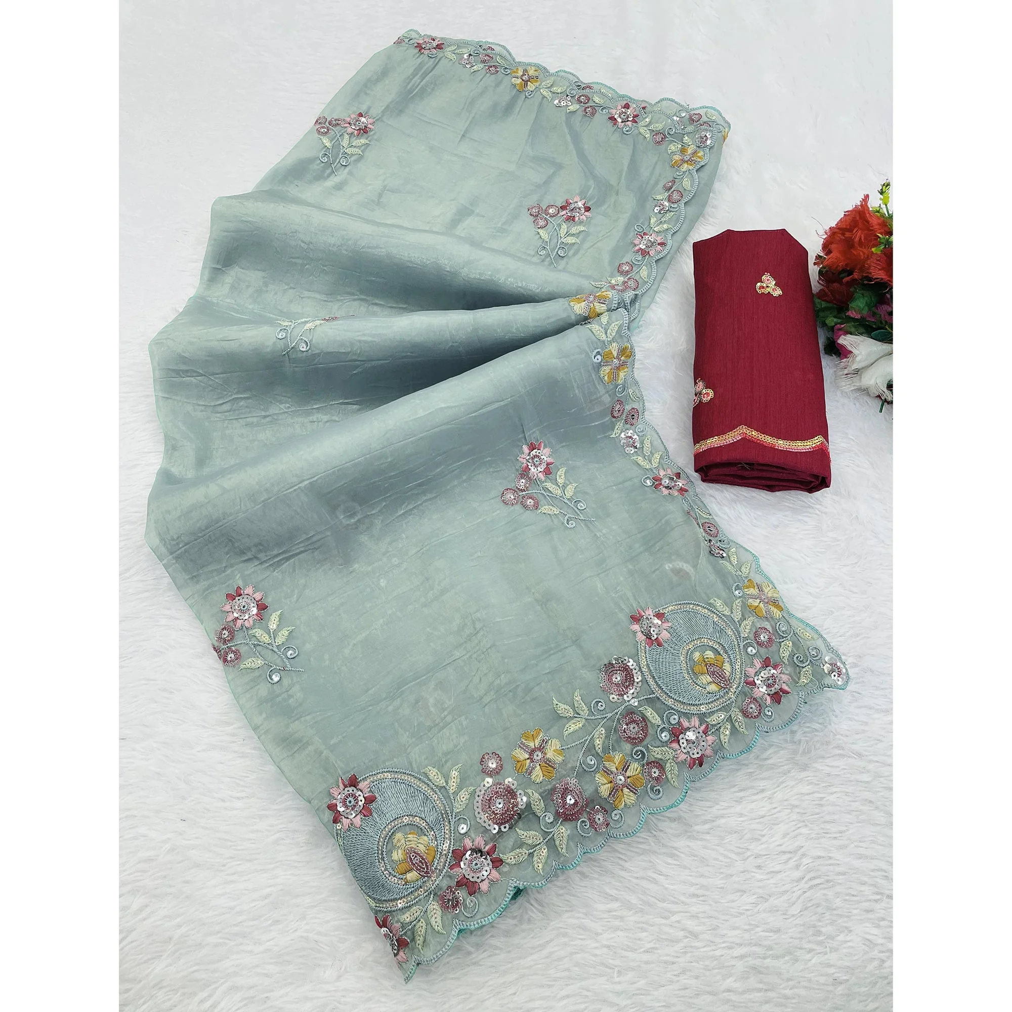 Turquoise Elegance Cotton Silk Saree with Floral Sequins Embroidery - Image 5