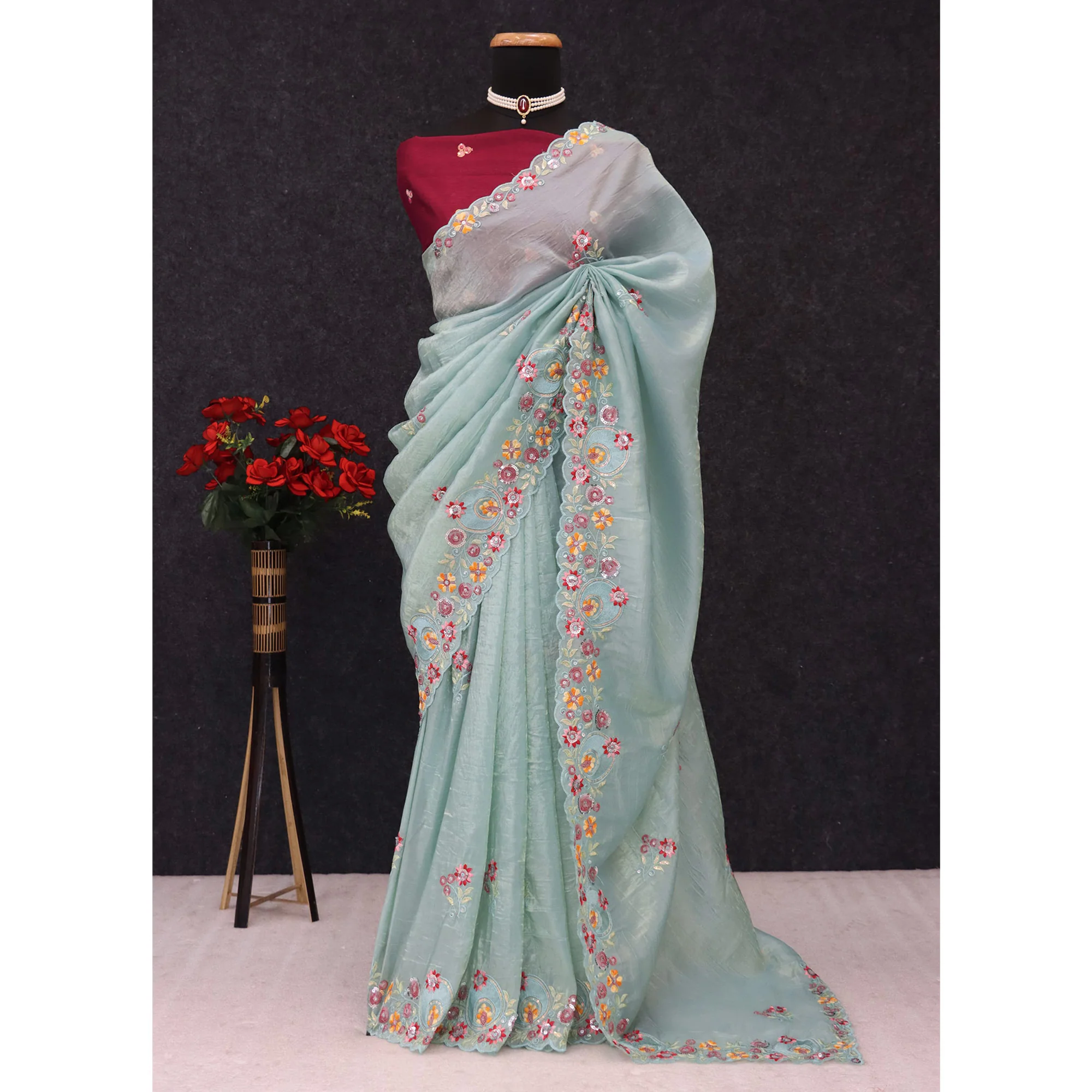 Turquoise Elegance Cotton Silk Saree with Floral Sequins Embroidery - Image 7