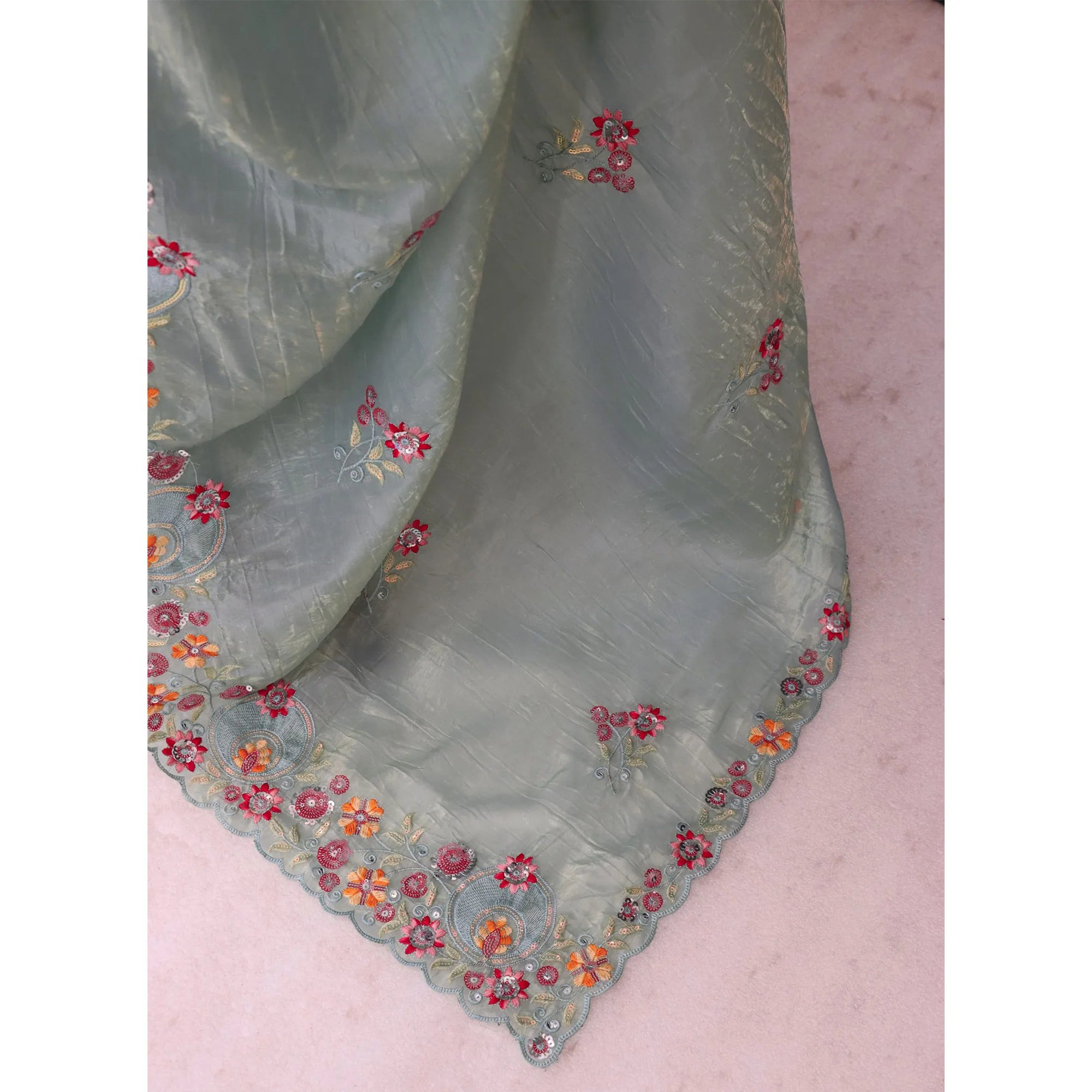 Turquoise Elegance Cotton Silk Saree with Floral Sequins Embroidery - Image 9