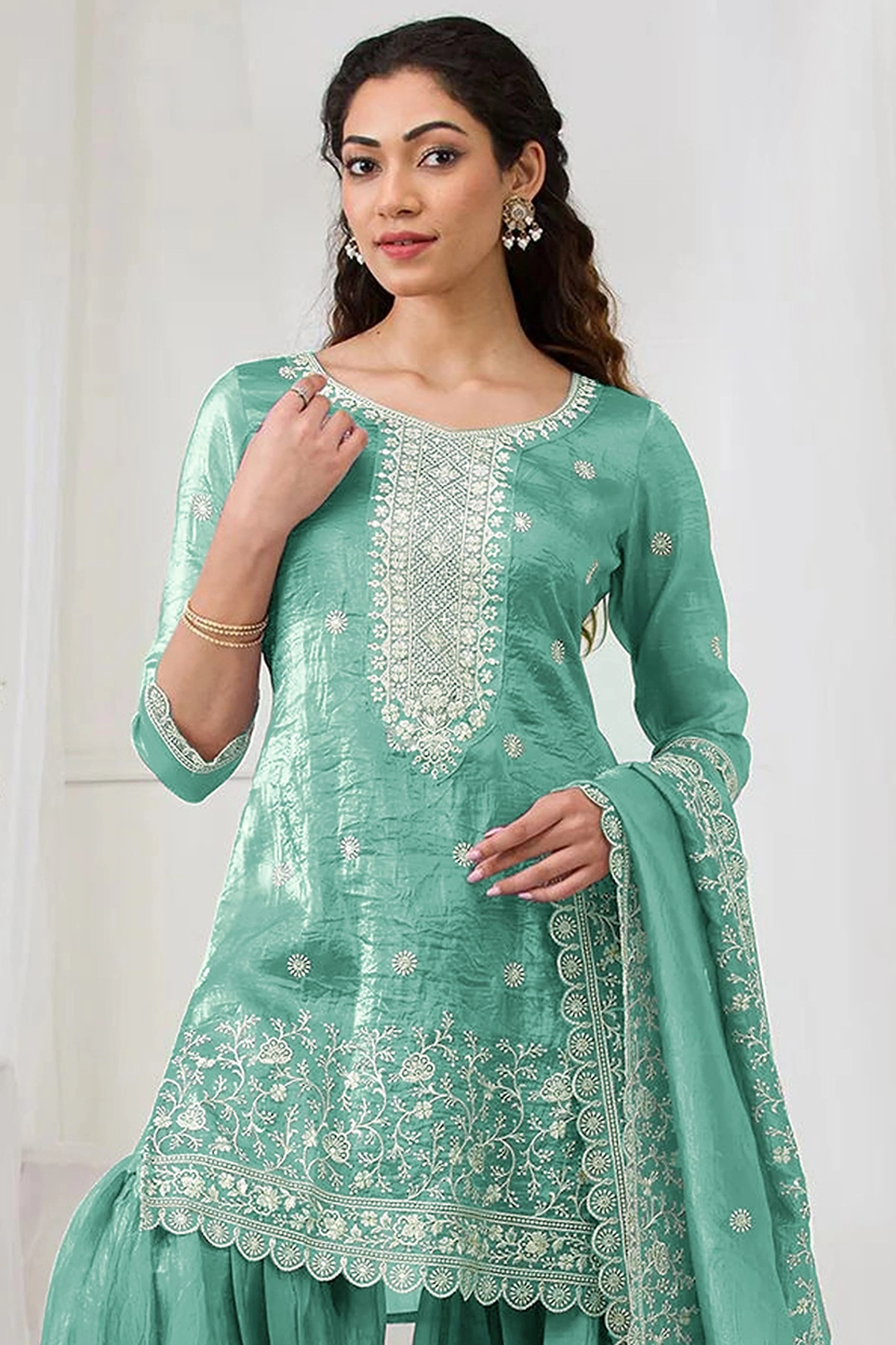 Turquoise Elegant Embroidered Georgette Semi-Stitched Salwar Suit with Stylish Palazzo Bottoms - Image 3