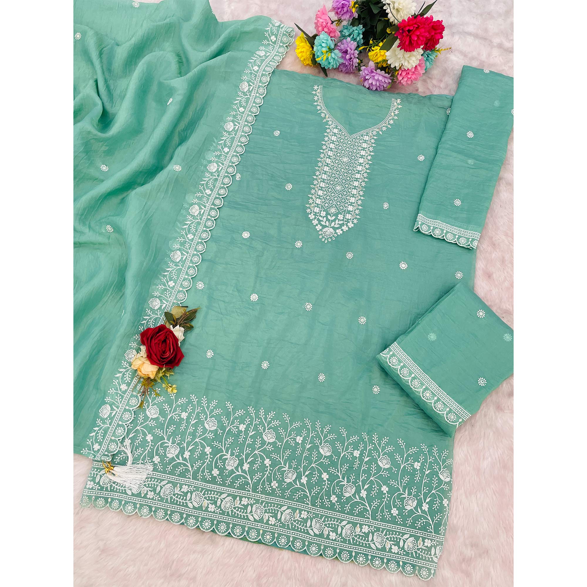 Turquoise Elegant Embroidered Georgette Semi-Stitched Salwar Suit with Stylish Palazzo Bottoms - Image 4