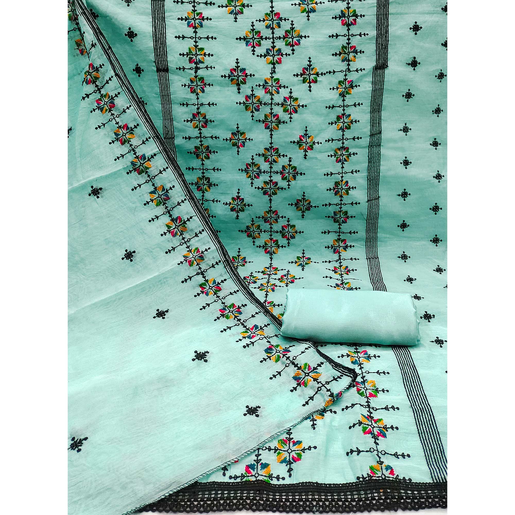 Turquoise Embroidered Chanderi Cotton Dress Material - Image 5