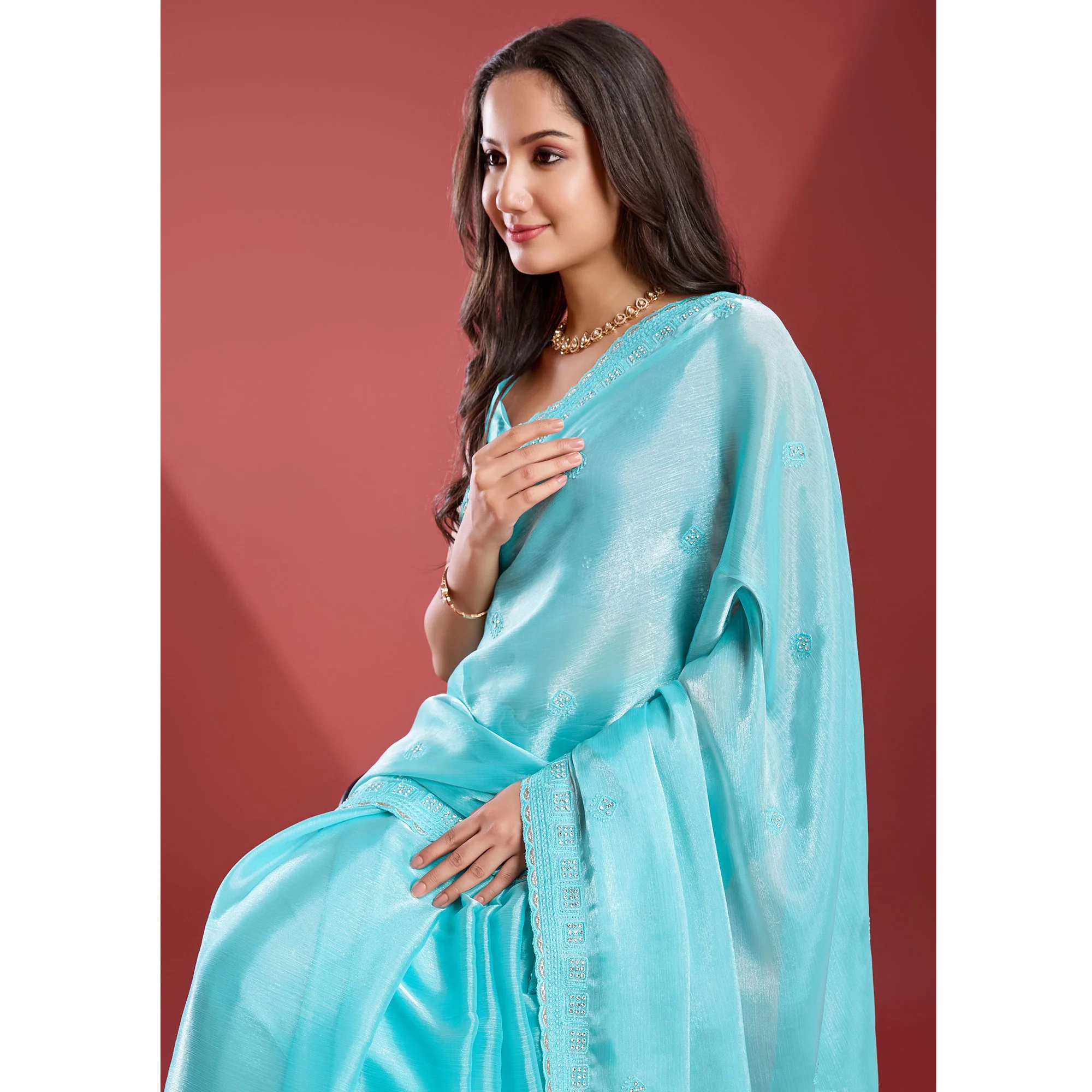 Turquoise Embroidered Work Tissue Saree - Image 7