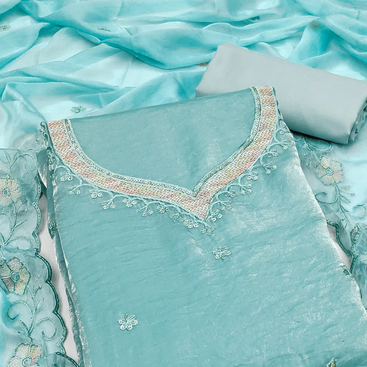 Turquoise Ensemble With Floral Sequins Embroidery Detailing On Satin Viscose Dress Material - Image 2