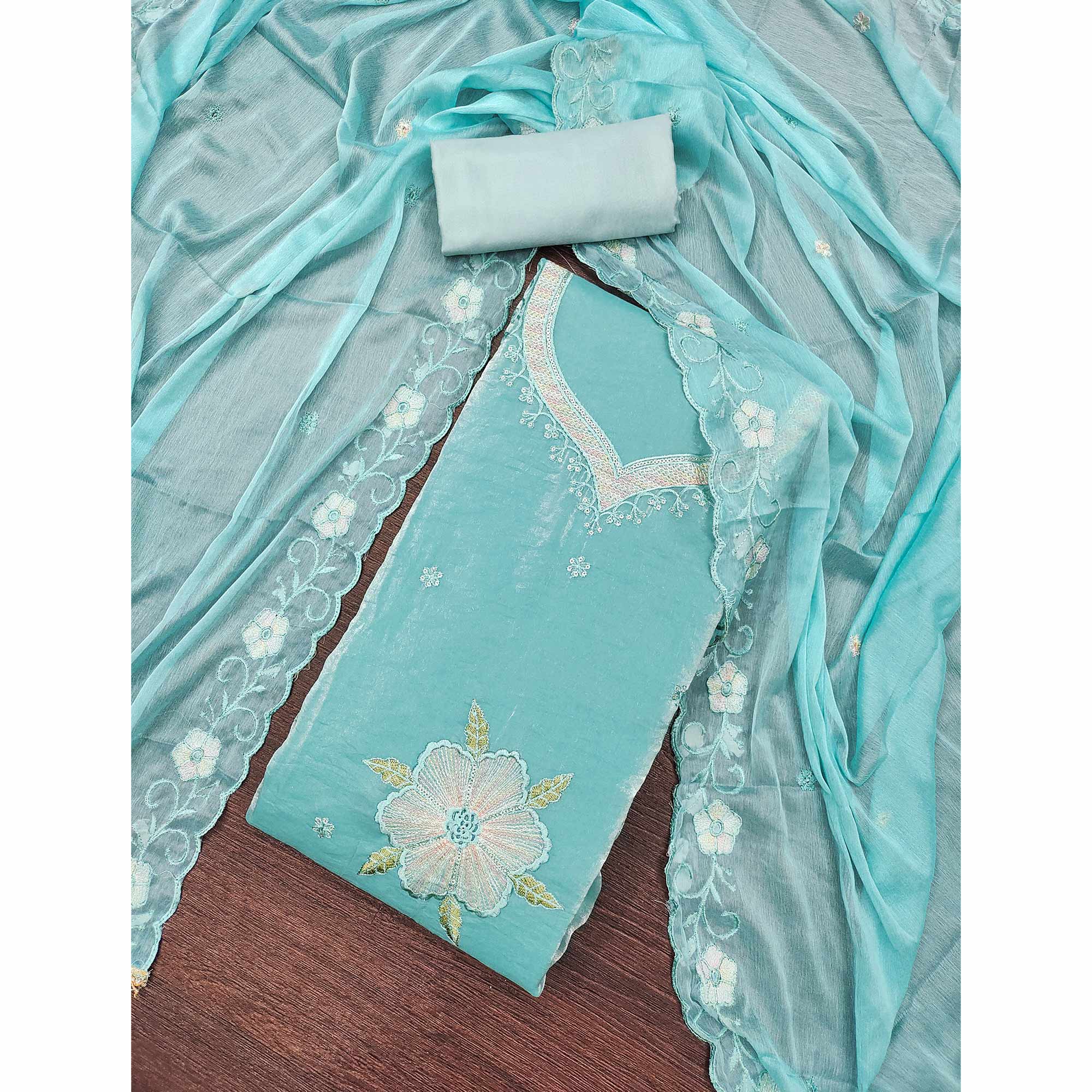 Turquoise Ensemble With Floral Sequins Embroidery Detailing On Satin Viscose Dress Material - Image 3