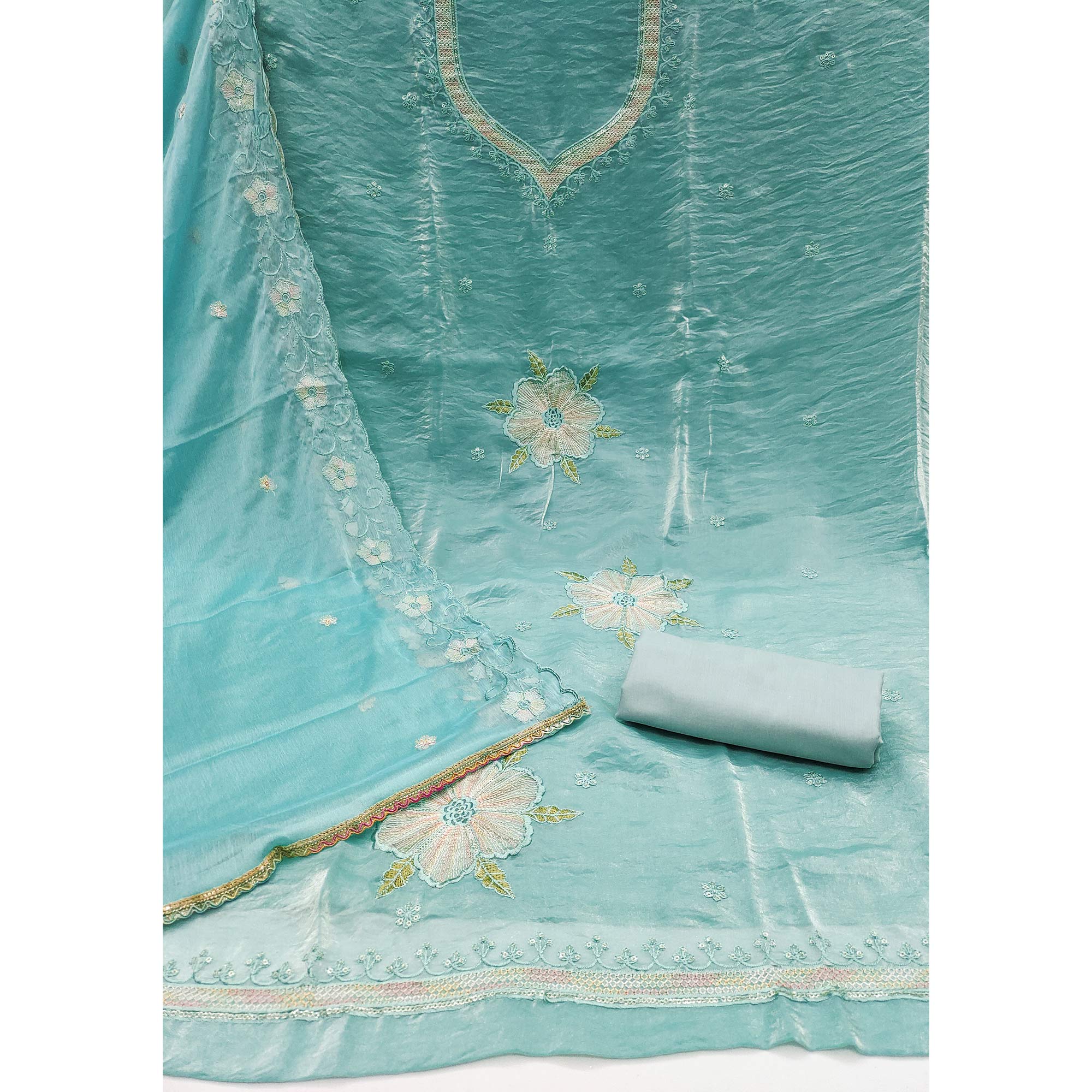 Turquoise Ensemble With Floral Sequins Embroidery Detailing On Satin Viscose Dress Material - Image 4