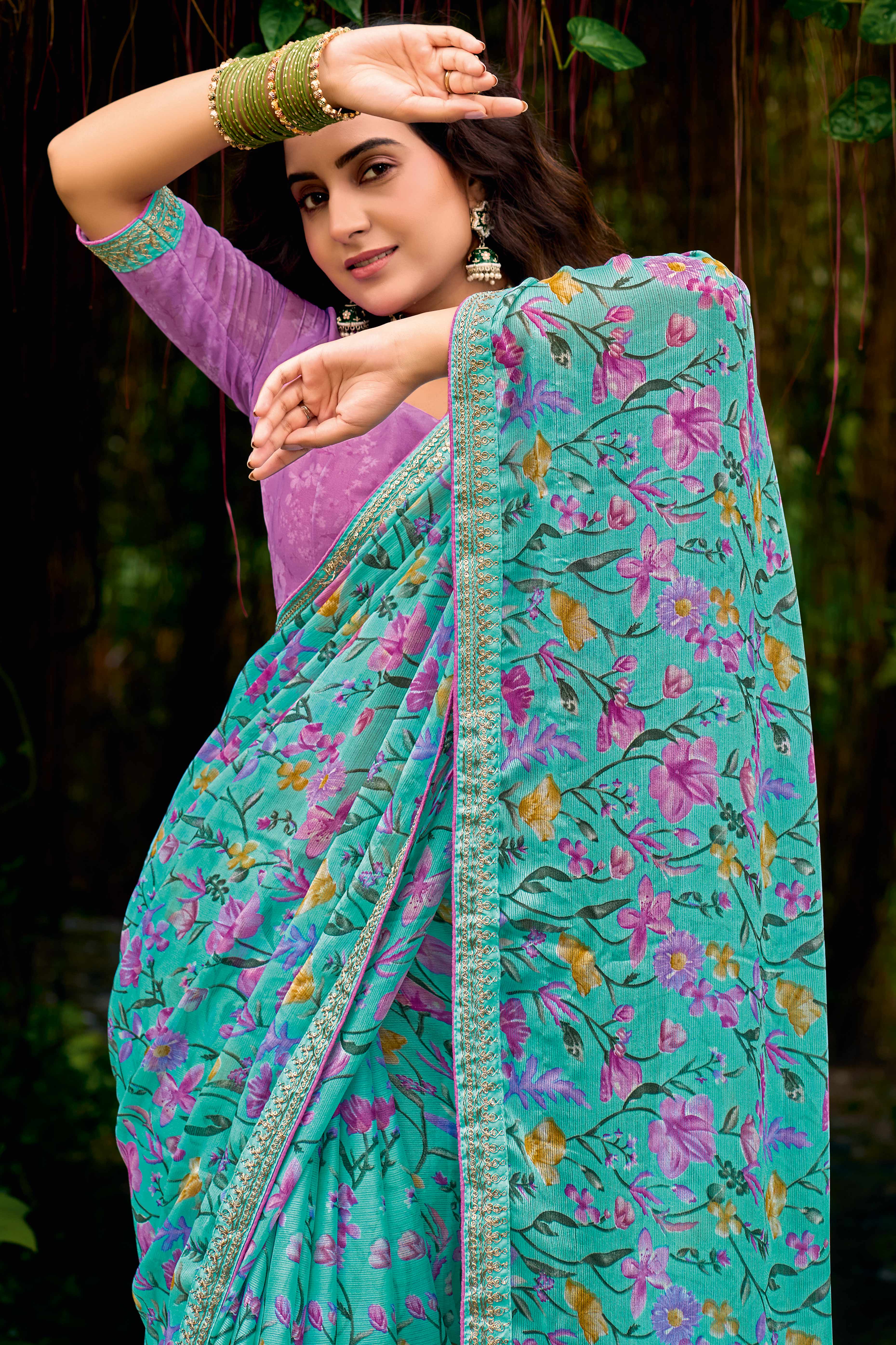Turquoise Floral Chiffon Saree Enhanced with Fine Embroidery on the Border - Image 3