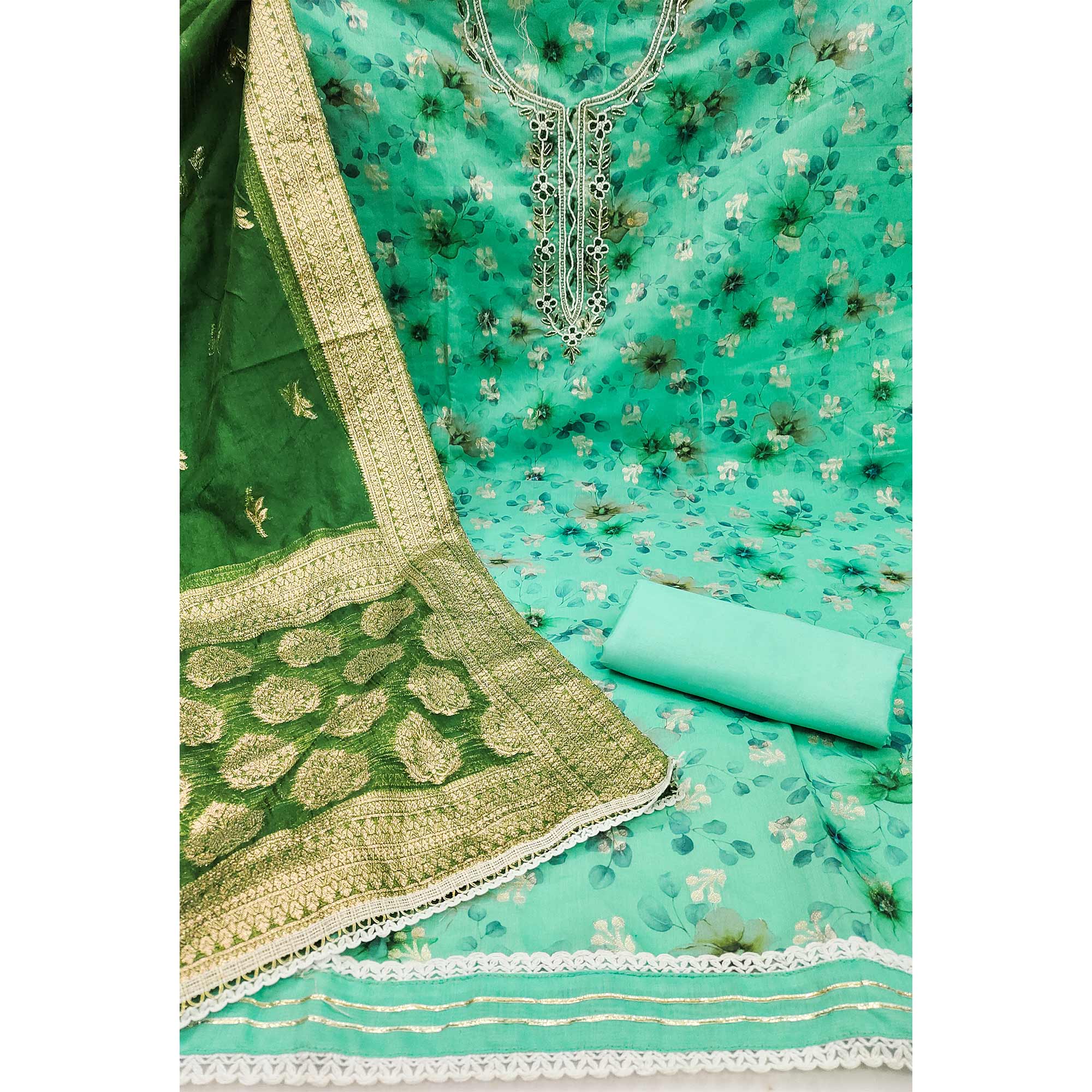 Turquoise Floral Digital Printed Banarasi Chanderi Silk Dress Material Enhanced With Hand Work - Image 3
