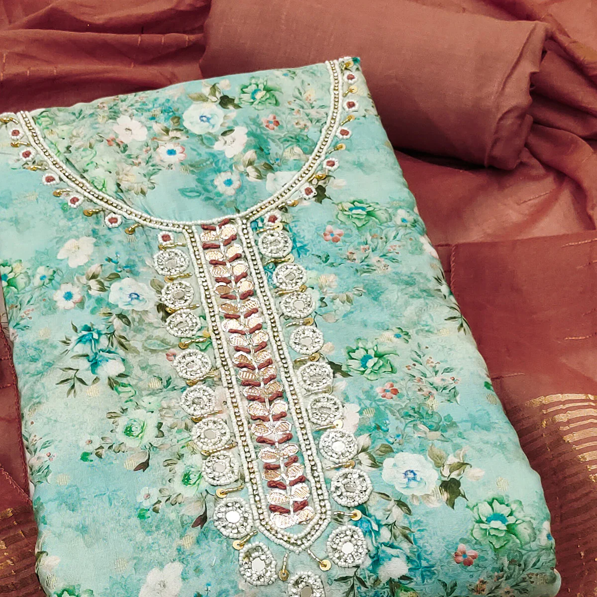 Turquoise Floral Digital Printed Cotton Blend Dress Material Embellished With Moti Hand Embroidery - Image 2